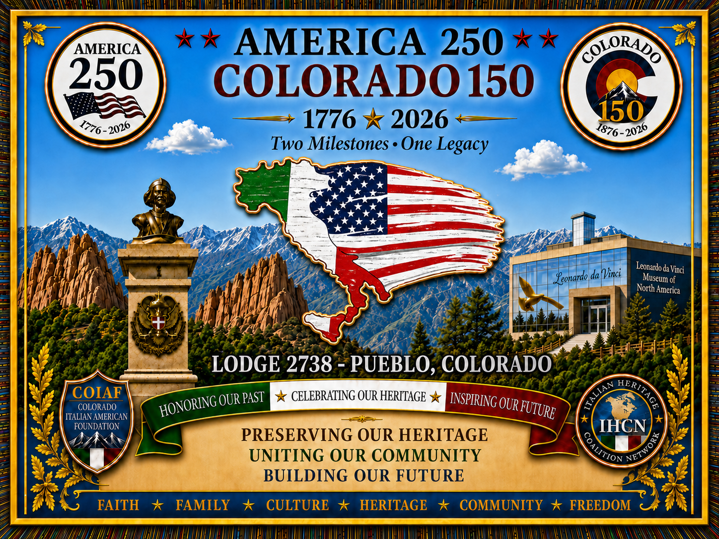 Sons of Italy Lodge 2738 America 250 Colorado 150 commemorative throw design