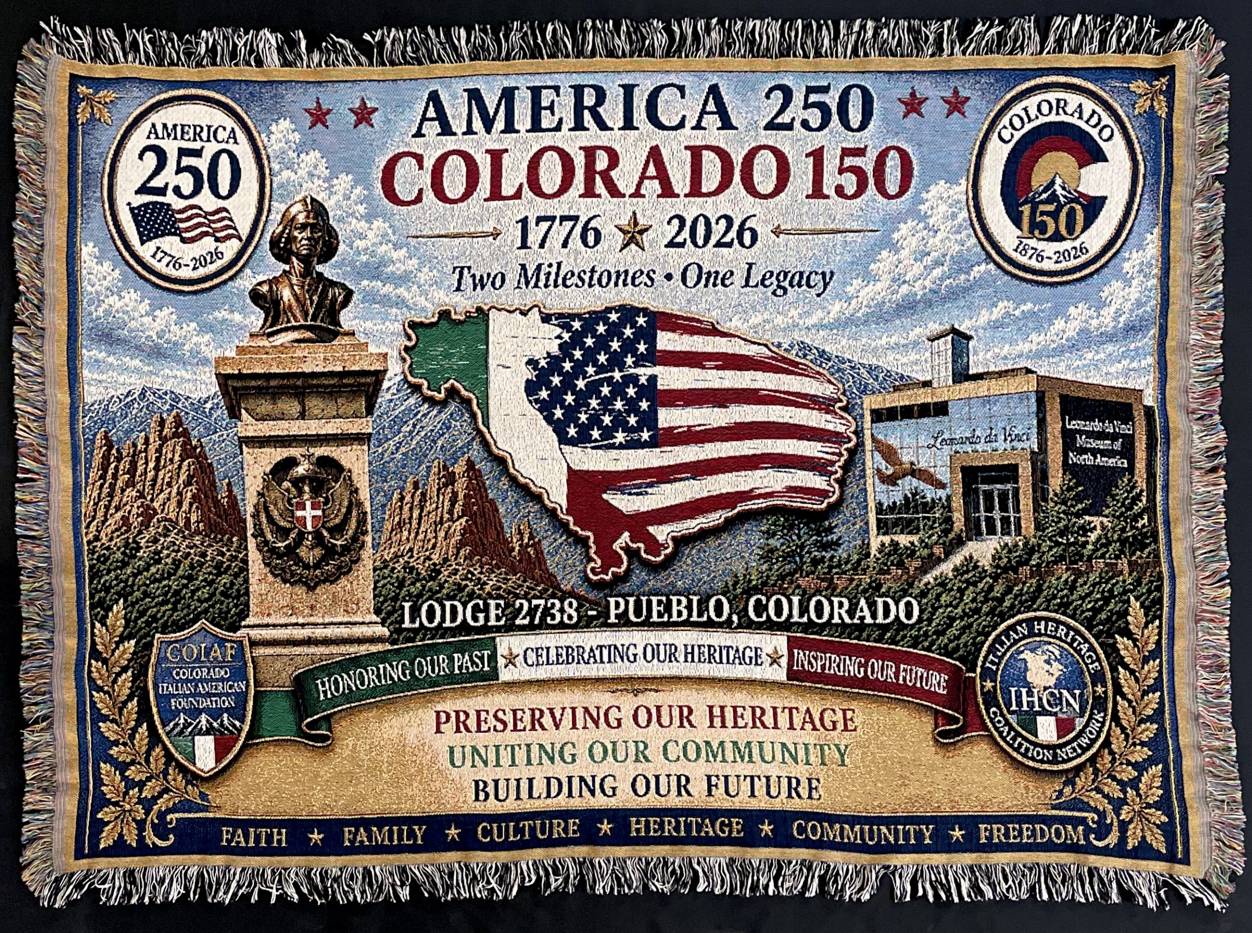 Sons of Italy Lodge 2738 America 250 and Colorado 150 commemorative throw