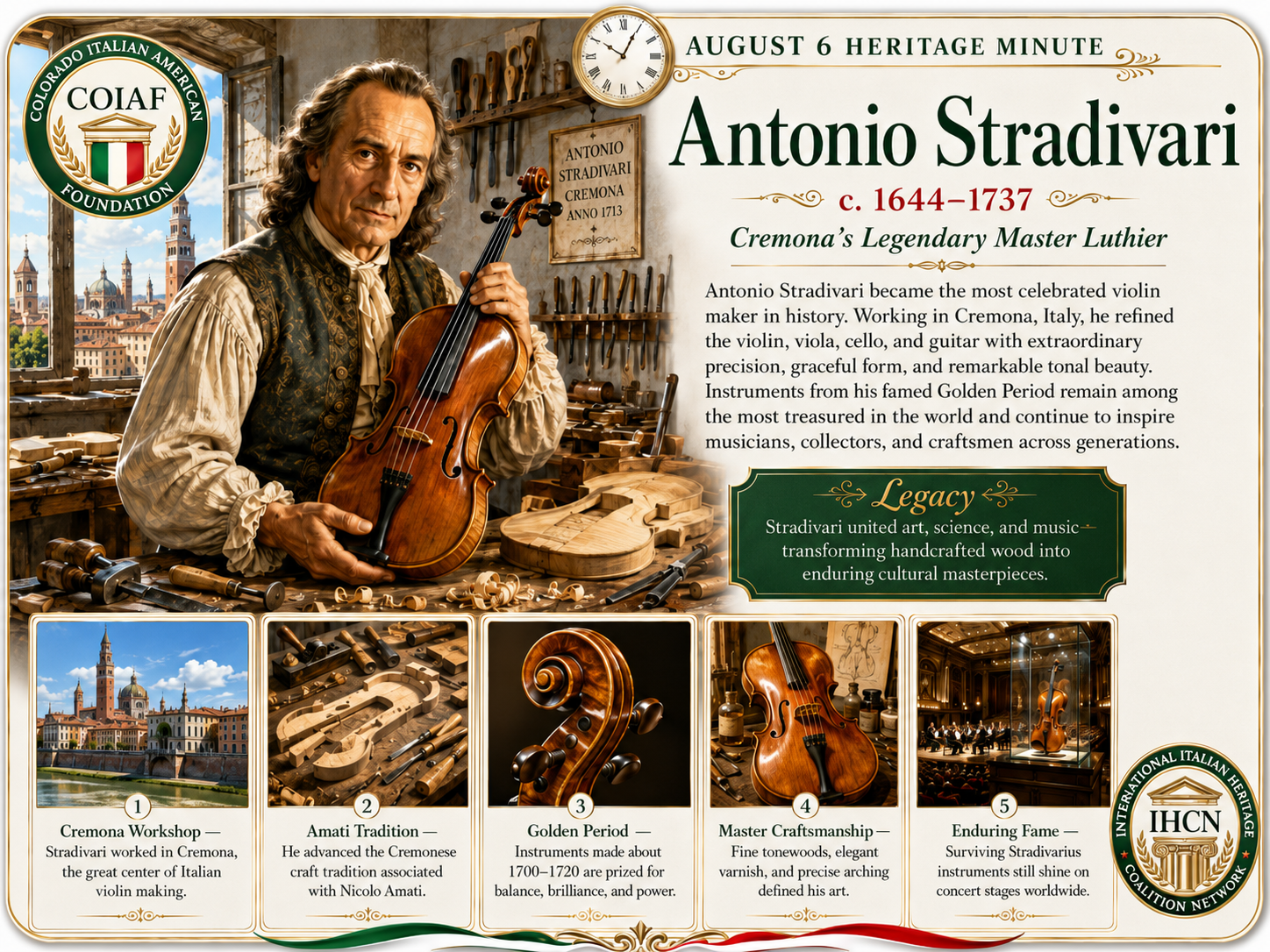 August 6 Heritage Minute honoring Antonio Stradivari, Cremona's legendary master violin maker