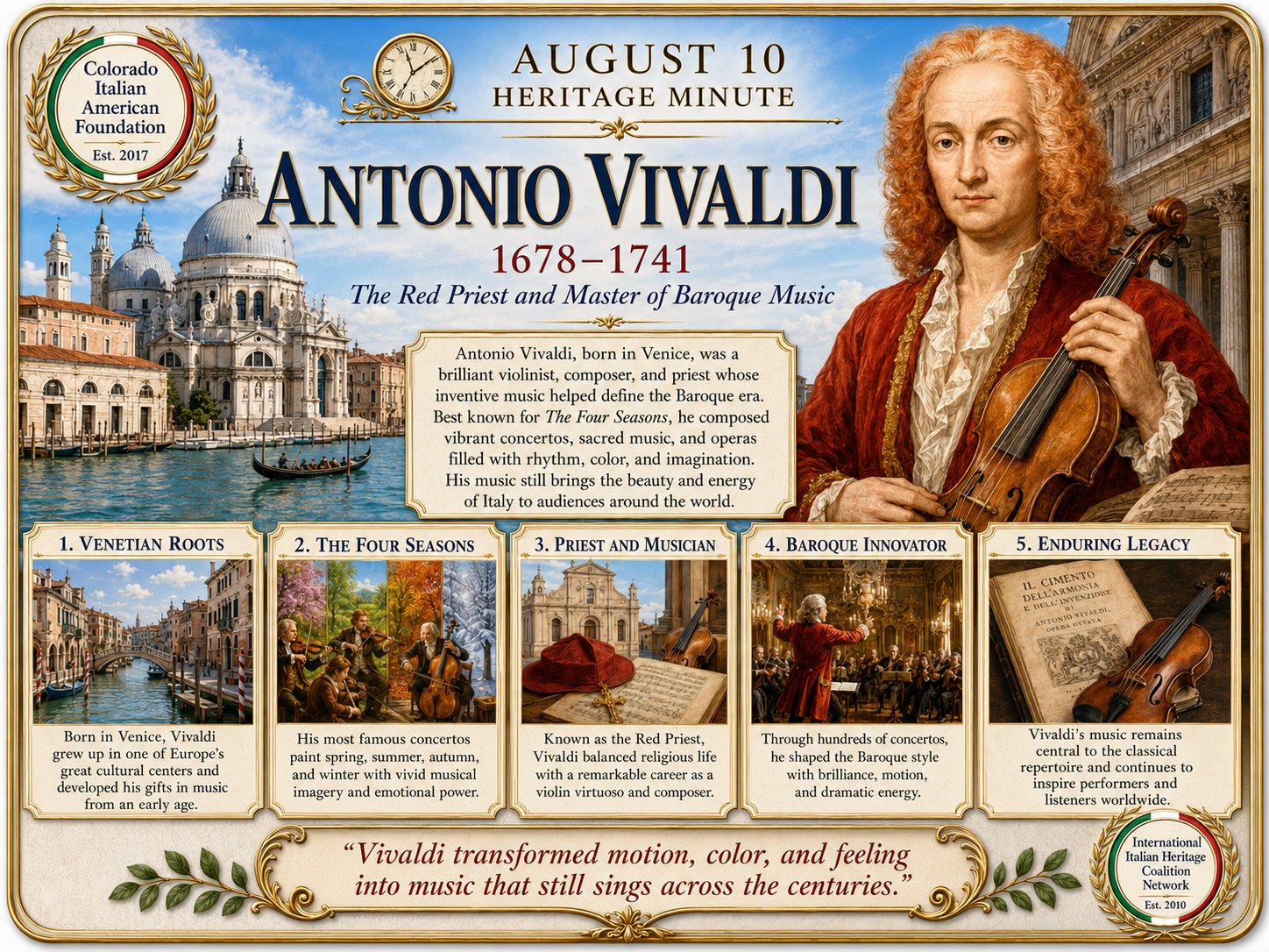 August 10 Heritage Minute honoring Antonio Vivaldi, the Red Priest and master of Baroque music