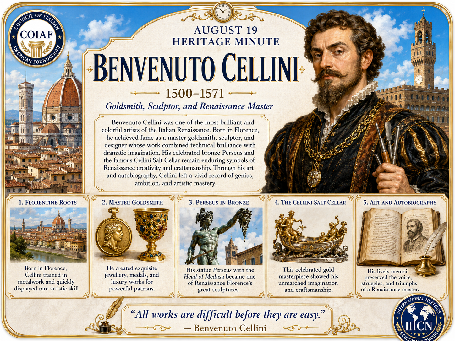 August 19 Heritage Minute honoring Benvenuto Cellini, goldsmith, sculptor, and Renaissance master