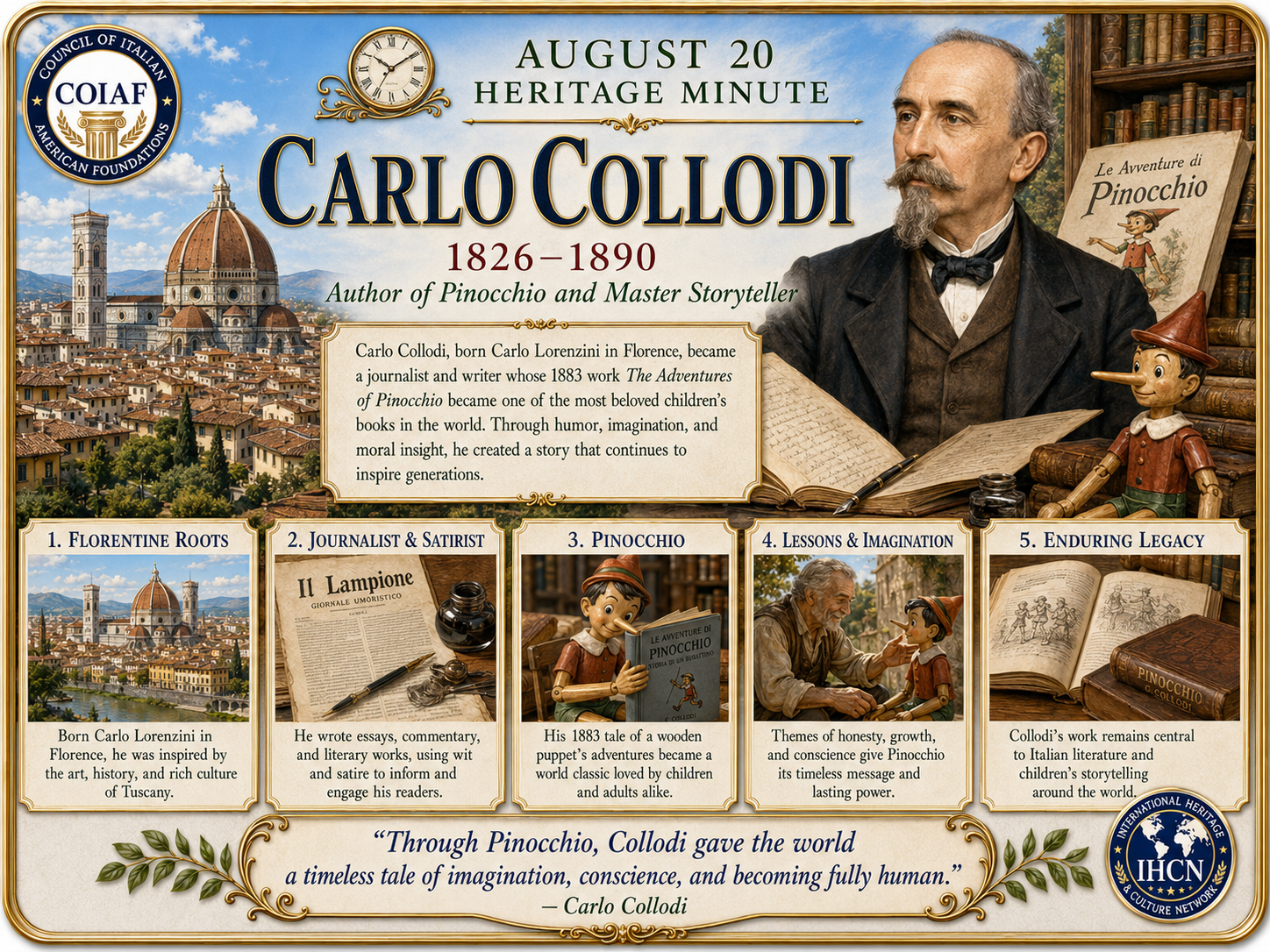 August 20 Heritage Minute honoring Carlo Collodi, author of Pinocchio and master storyteller