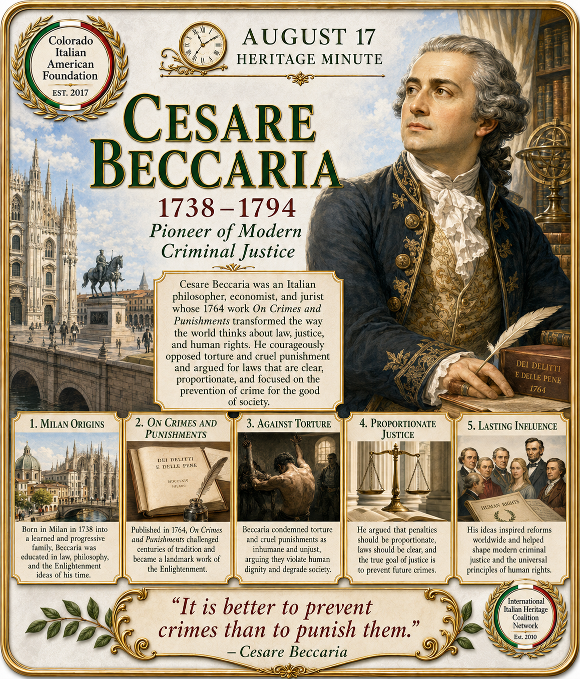 August 17 Heritage Minute honoring Cesare Beccaria, pioneer of modern criminal justice