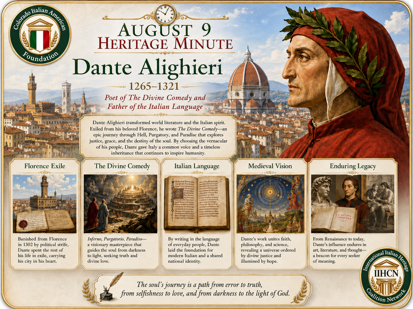 August 9 Heritage Minute honoring Dante Alighieri, poet of The Divine Comedy and father of the Italian language