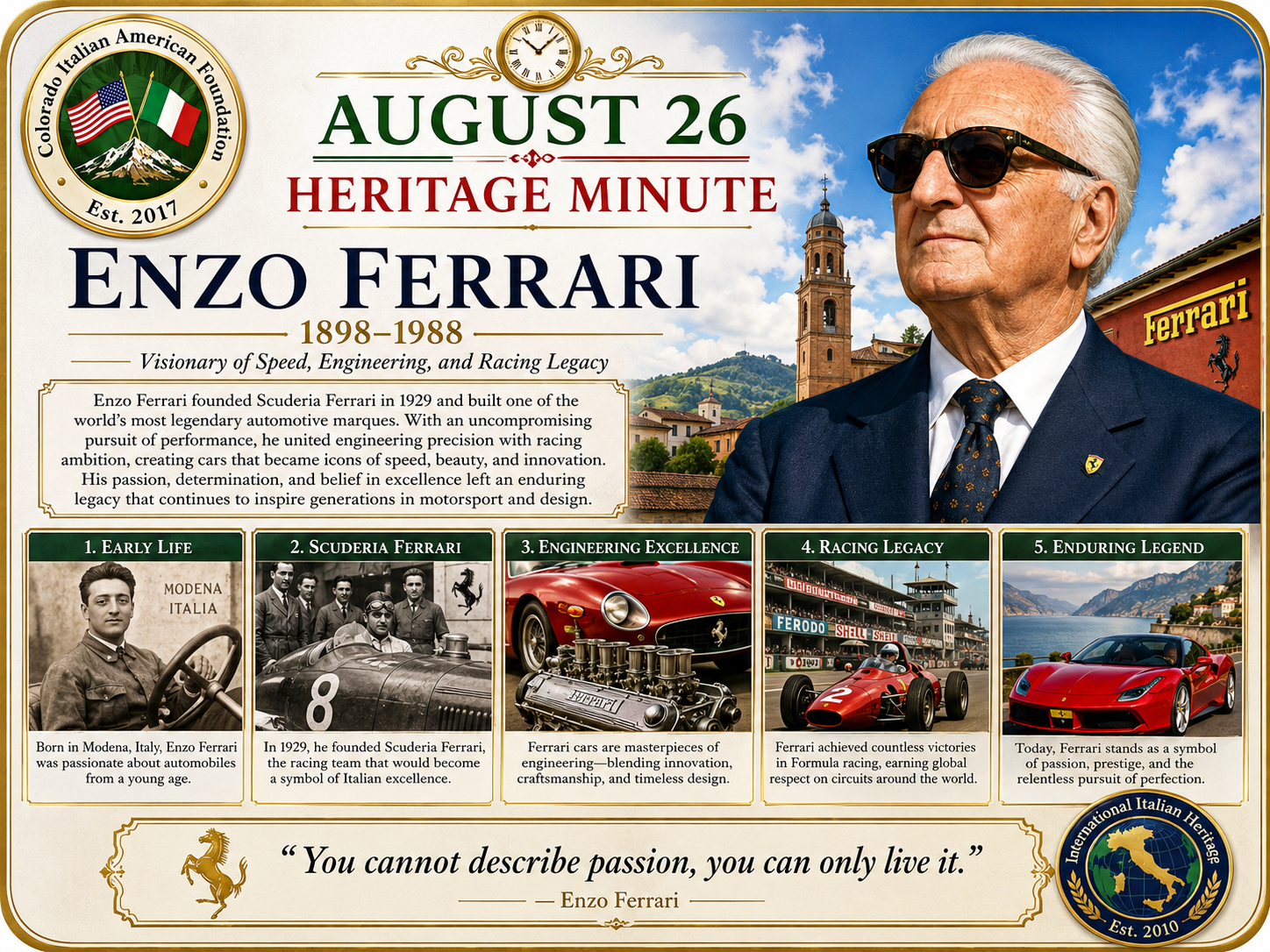 August 26 Heritage Minute honoring Enzo Ferrari, visionary of speed, engineering, and racing legacy