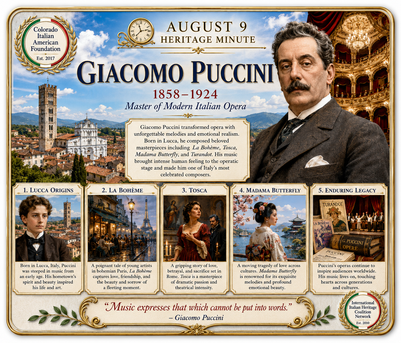 August 9 Heritage Minute honoring Giacomo Puccini, master of modern Italian opera