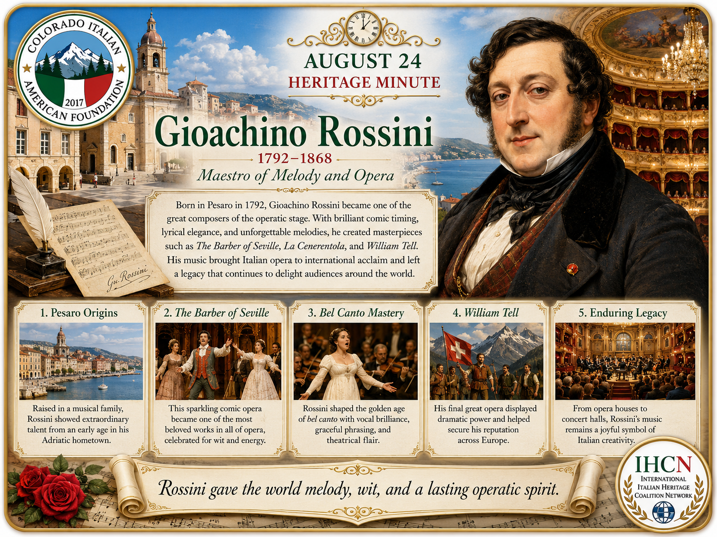 August 24 Heritage Minute honoring Gioachino Rossini, maestro of melody and opera