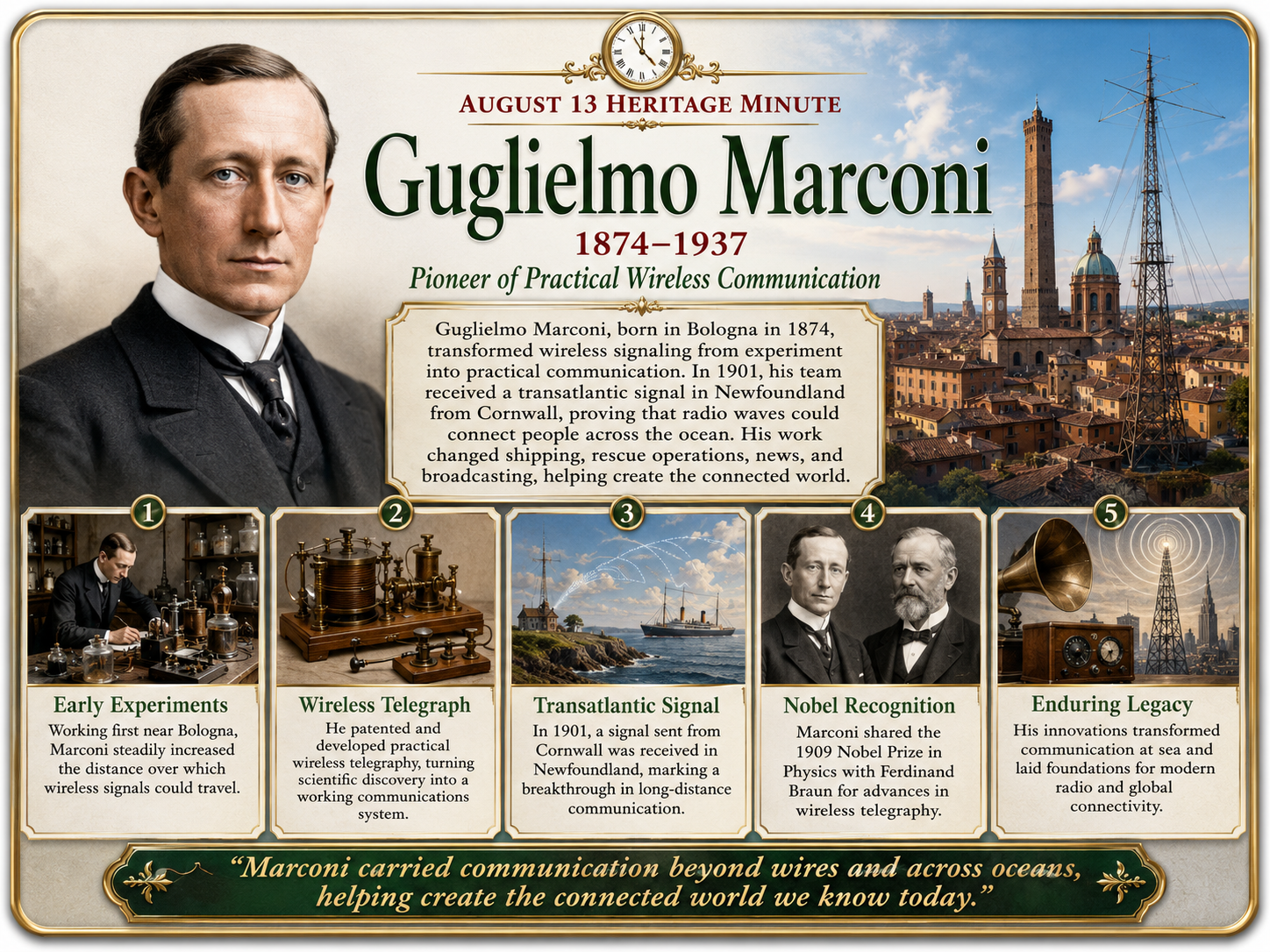 August 13 Heritage Minute honoring Guglielmo Marconi, pioneer of practical wireless communication
