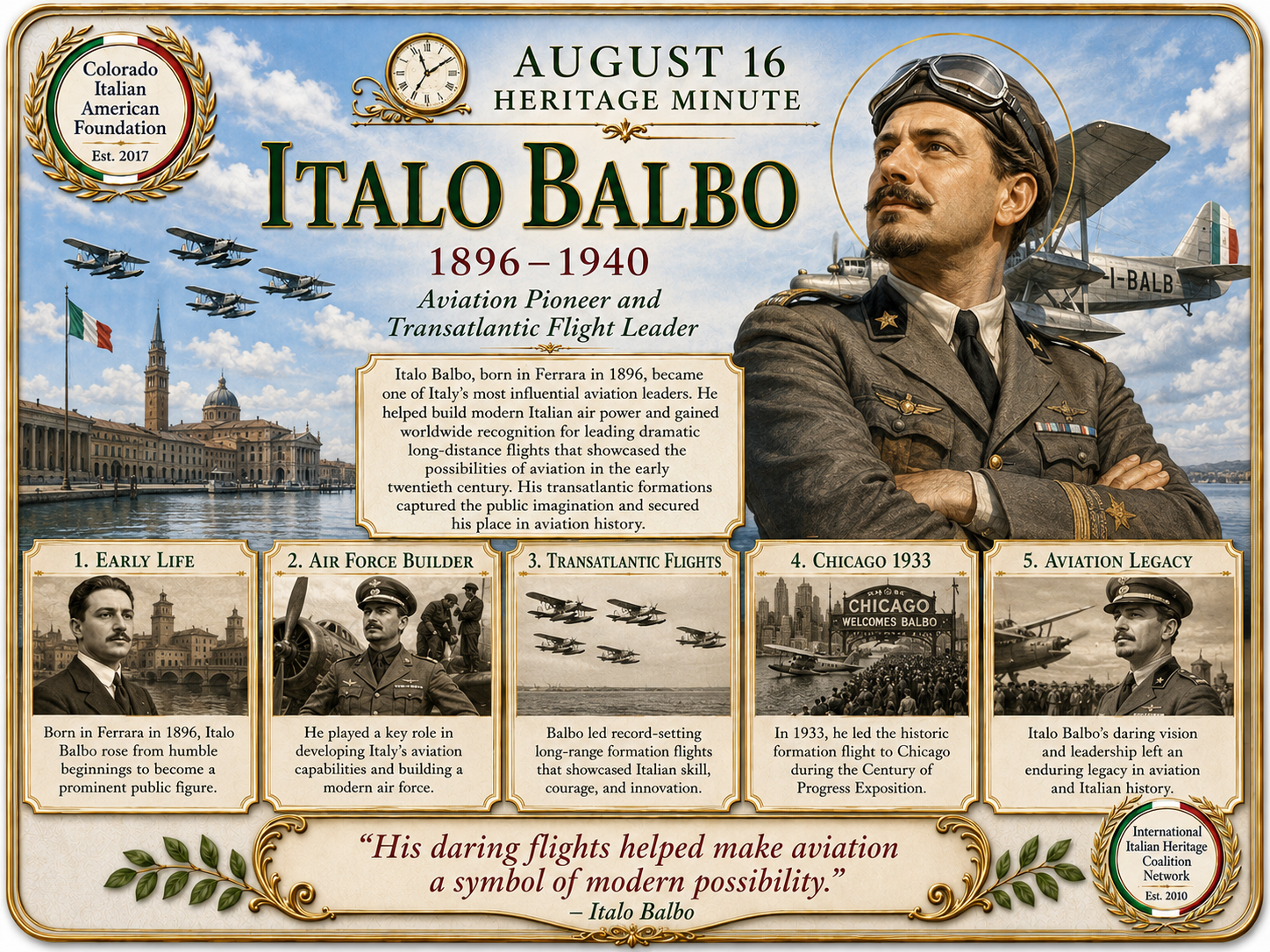 August 16 Heritage Minute honoring Italo Balbo, aviation pioneer and transatlantic flight leader