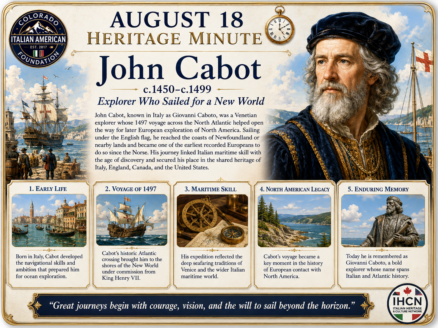 August 18 Heritage Minute honoring John Cabot, explorer who sailed for a New World