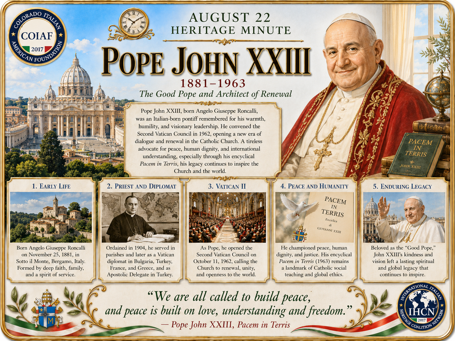 August 22 Heritage Minute honoring Pope John XXIII, the Good Pope and architect of renewal
