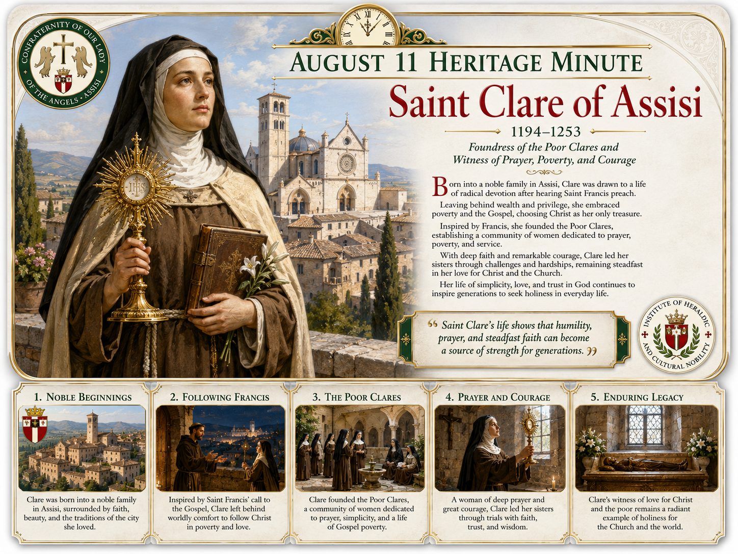 August 11 Heritage Minute honoring Saint Clare of Assisi, foundress of the Poor Clares and witness of prayer, poverty, and courage