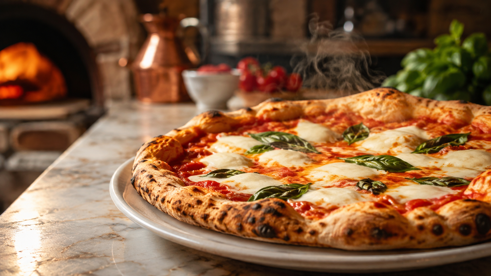 Pizza Margherita with tomato, mozzarella, and fresh basil