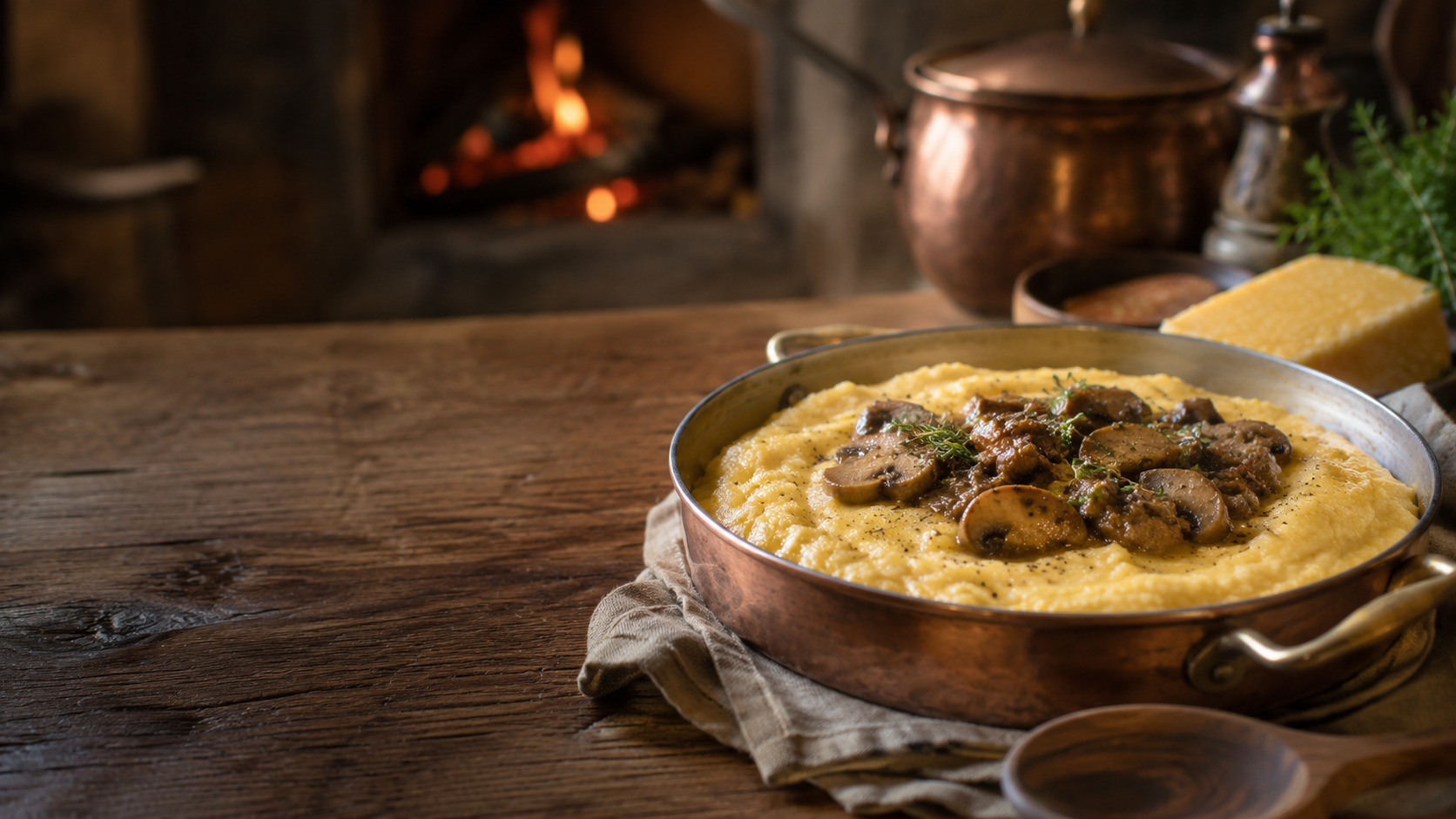 Creamy polenta topped with sautéed mushrooms