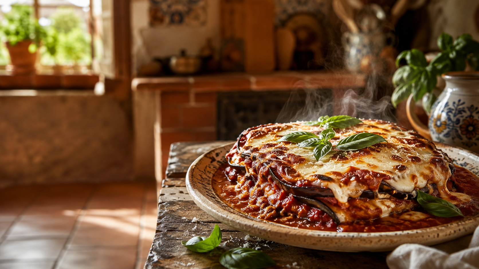 Parmigiana di Melanzane layered with eggplant, tomato, and cheese