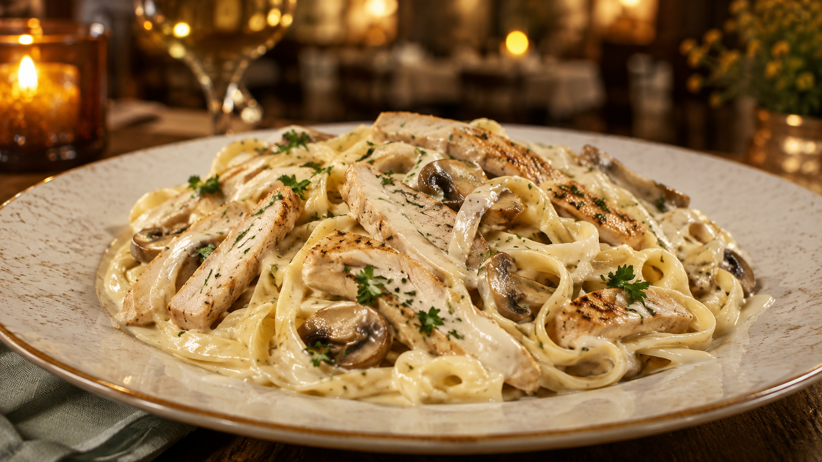 Creamy fettuccine Alfredo with mushrooms and grilled chicken