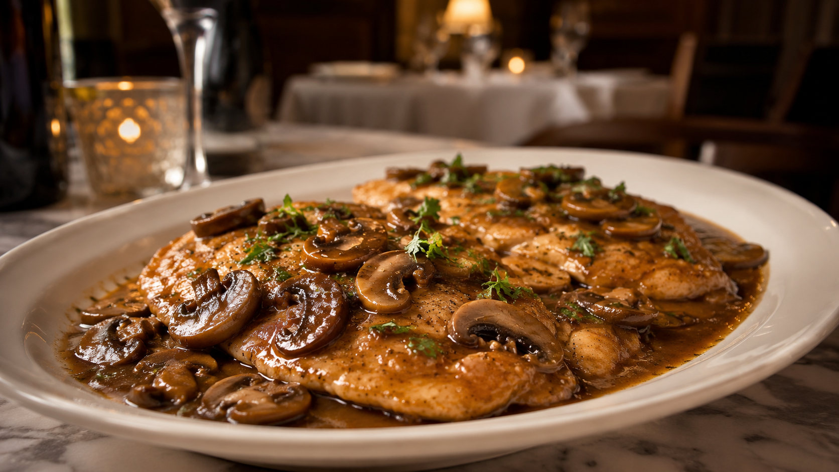 Chicken Marsala with mushrooms in a rich wine sauce