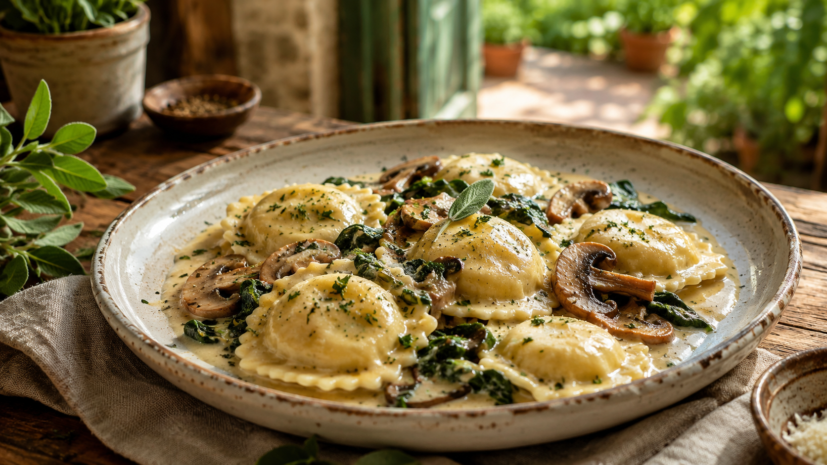 Spinach and mushroom ravioli in a light cream sauce