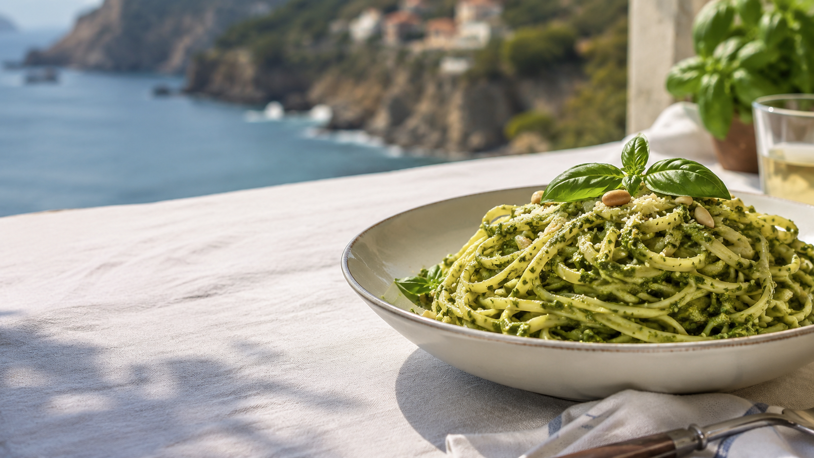 Linguine al Pesto Genovese with basil and pine nuts