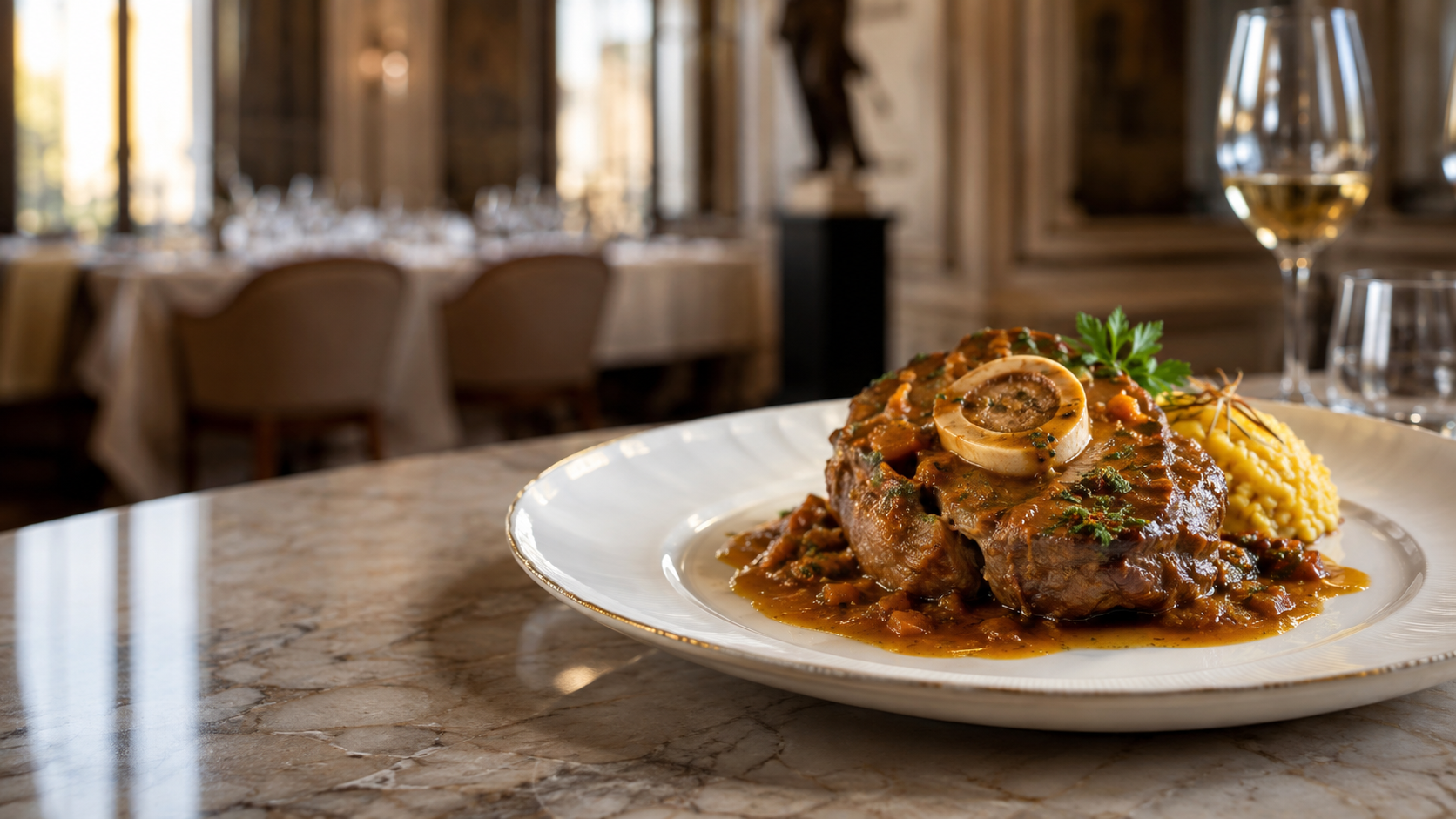 Ossobuco alla Milanese served with saffron risotto