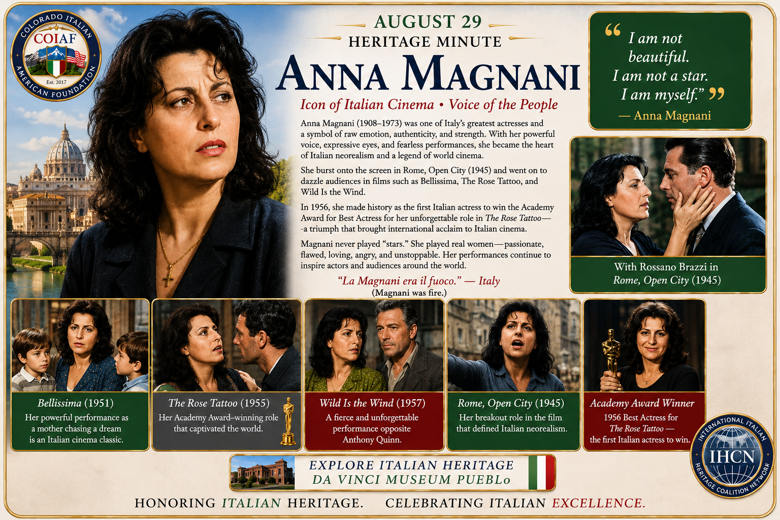 August 29 Heritage Minute honoring Anna Magnani, icon of Italian cinema and voice of the people