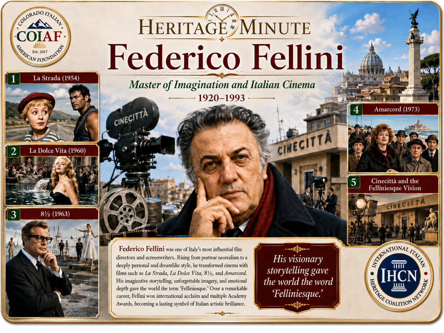 August 27 Heritage Minute honoring Federico Fellini, master of imagination and Italian cinema