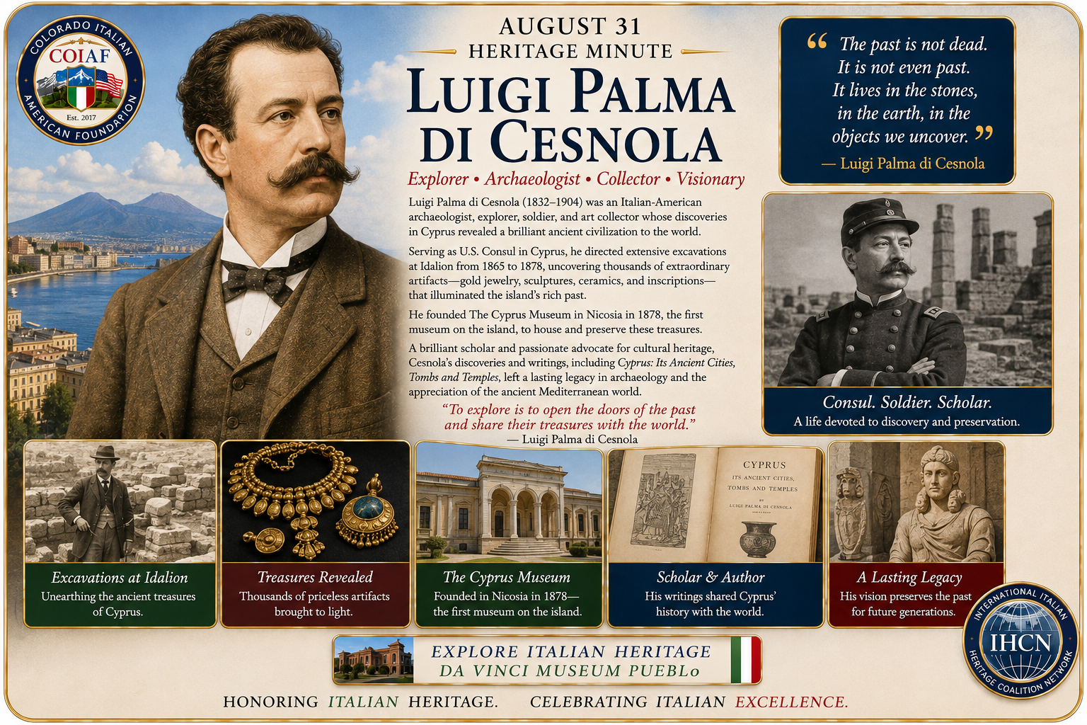 August 31 Heritage Minute honoring Luigi Palma di Cesnola, soldier, diplomat, archaeologist, and museum leader