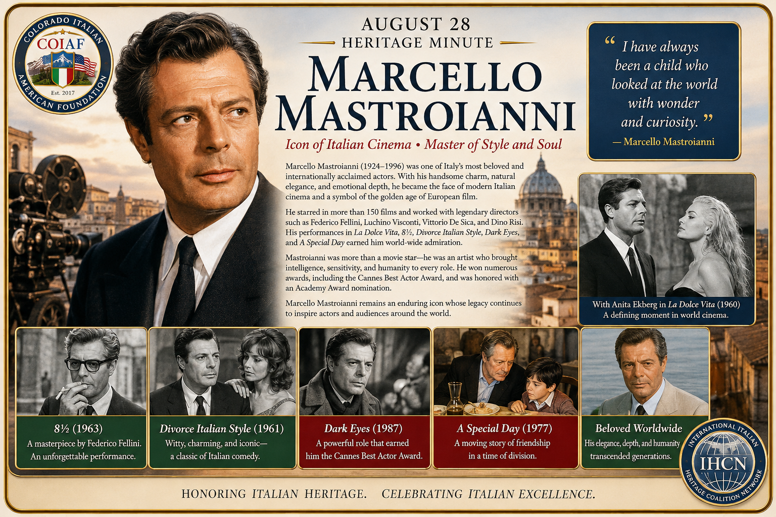 August 28 Heritage Minute honoring Marcello Mastroianni, icon of Italian cinema