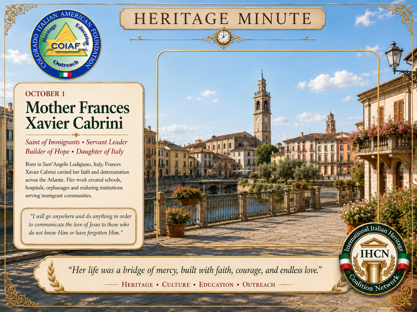 October 1 Heritage Minute honoring Mother Frances Xavier Cabrini