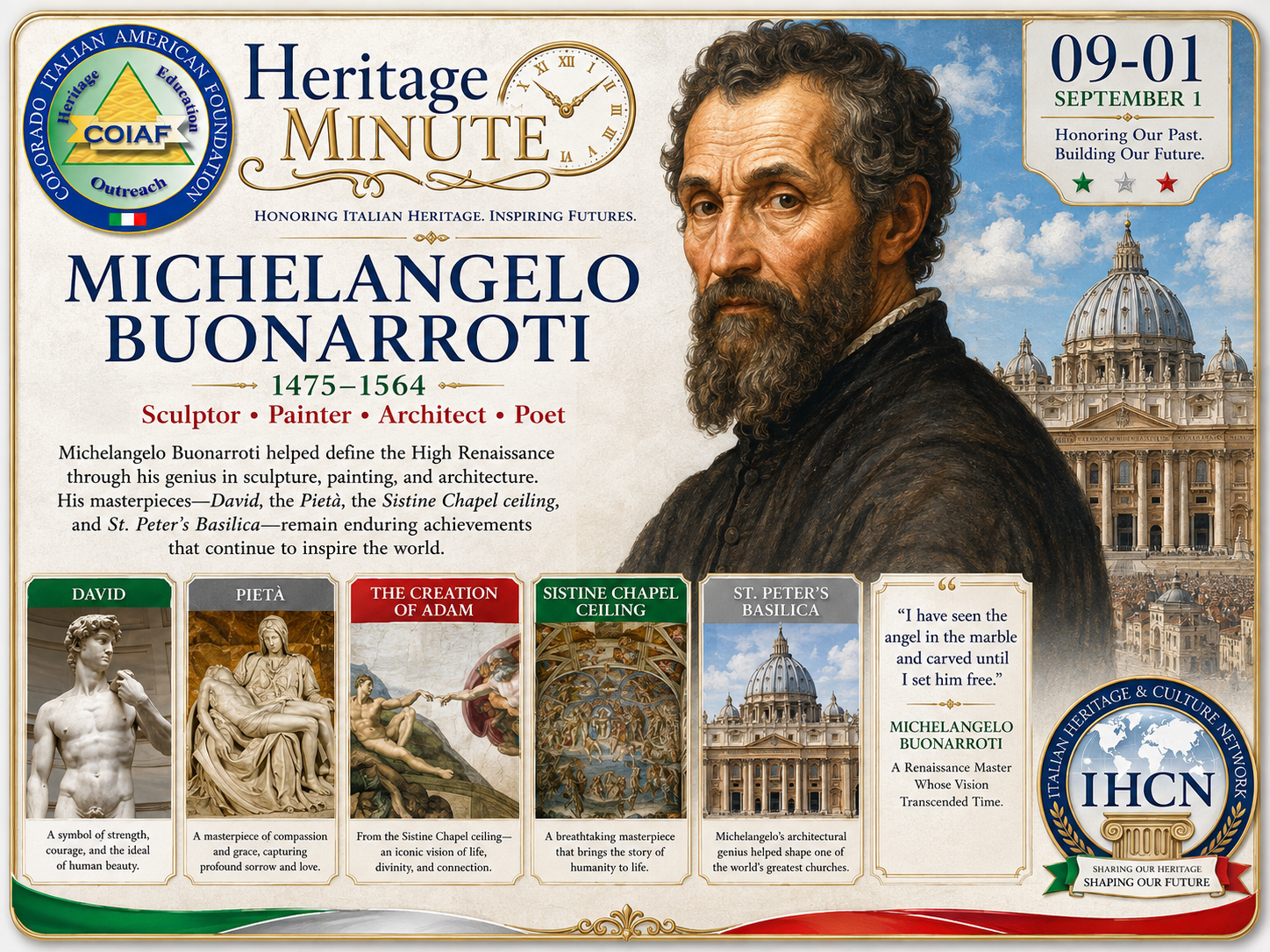 September 1 Heritage Minute honoring Michelangelo Buonarroti, Renaissance sculptor, painter, architect, and poet