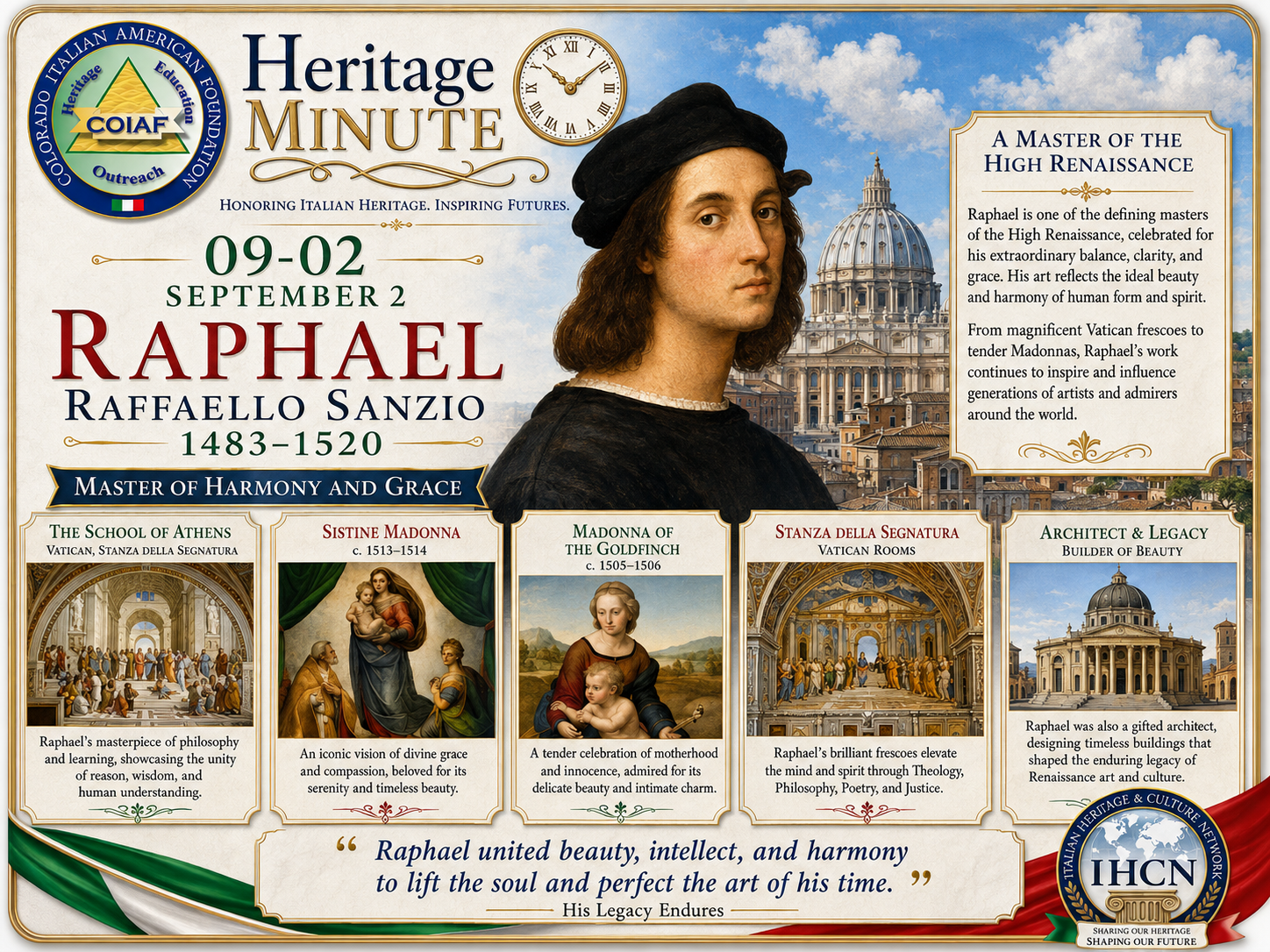 September 2 Heritage Minute honoring Raphael, master painter and architect of the High Renaissance