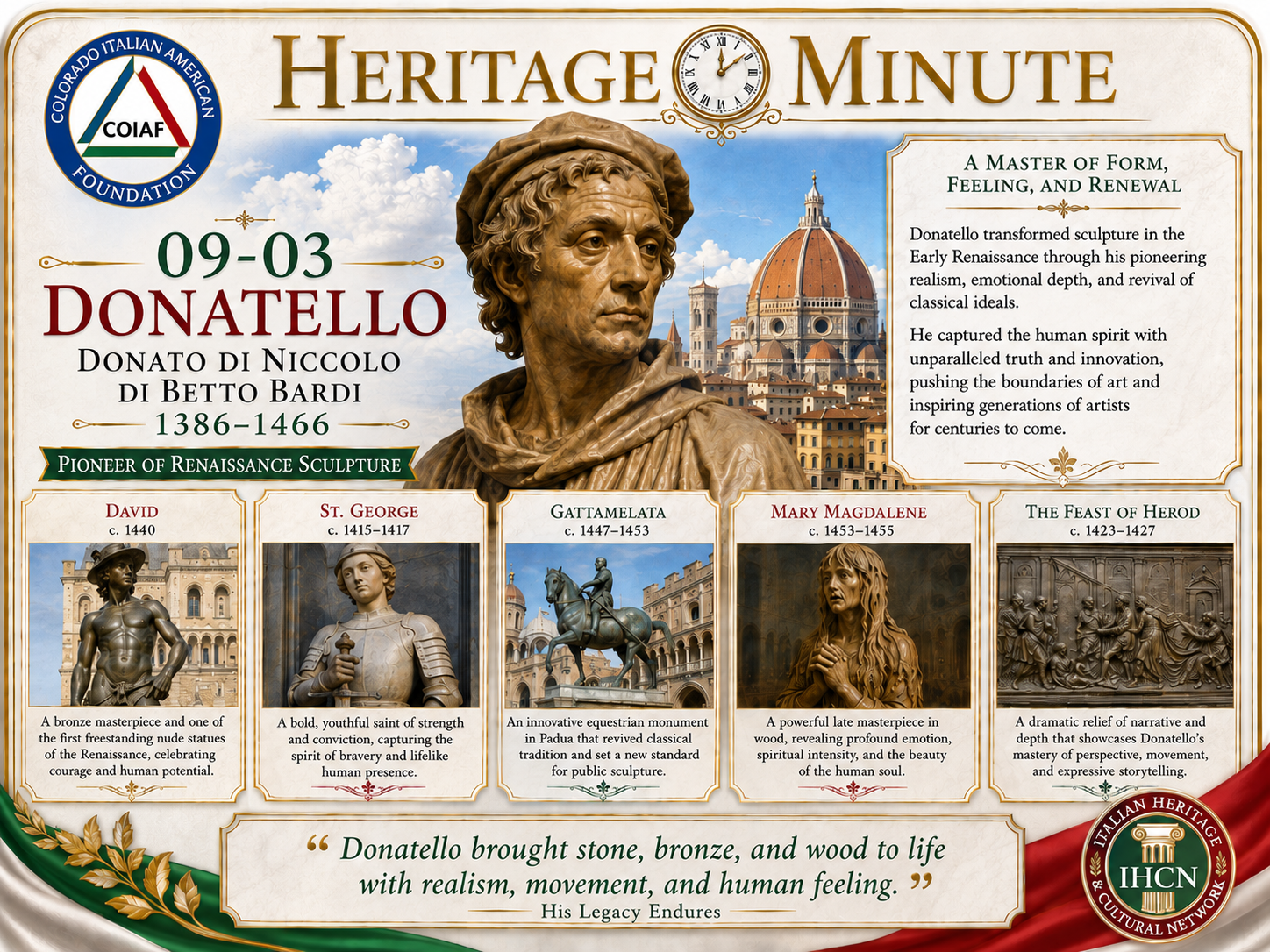 September 3 Heritage Minute honoring Donatello, pioneering sculptor of the Early Renaissance