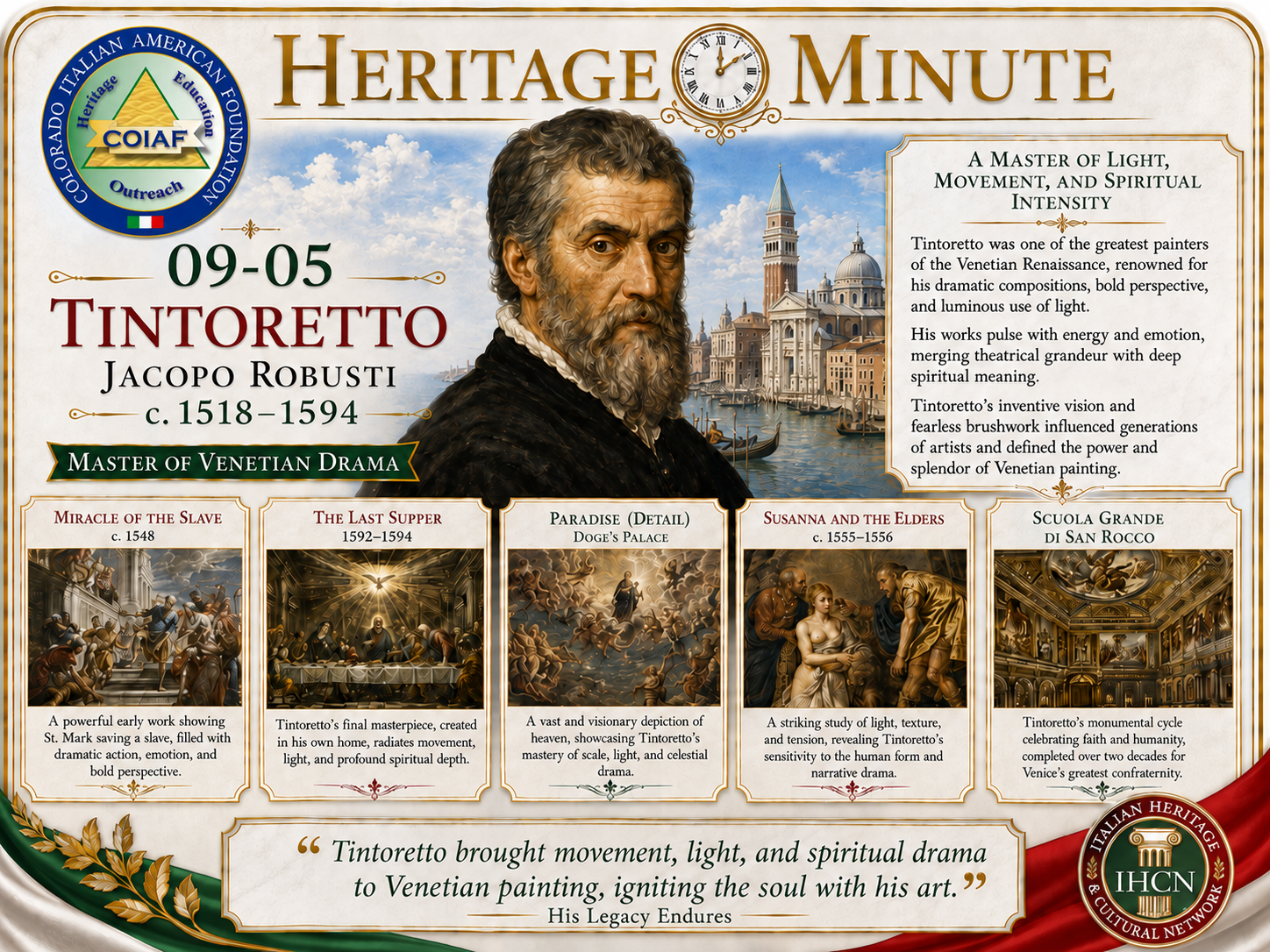 September 5 Heritage Minute honoring Tintoretto, master painter of Venetian drama, movement, and light