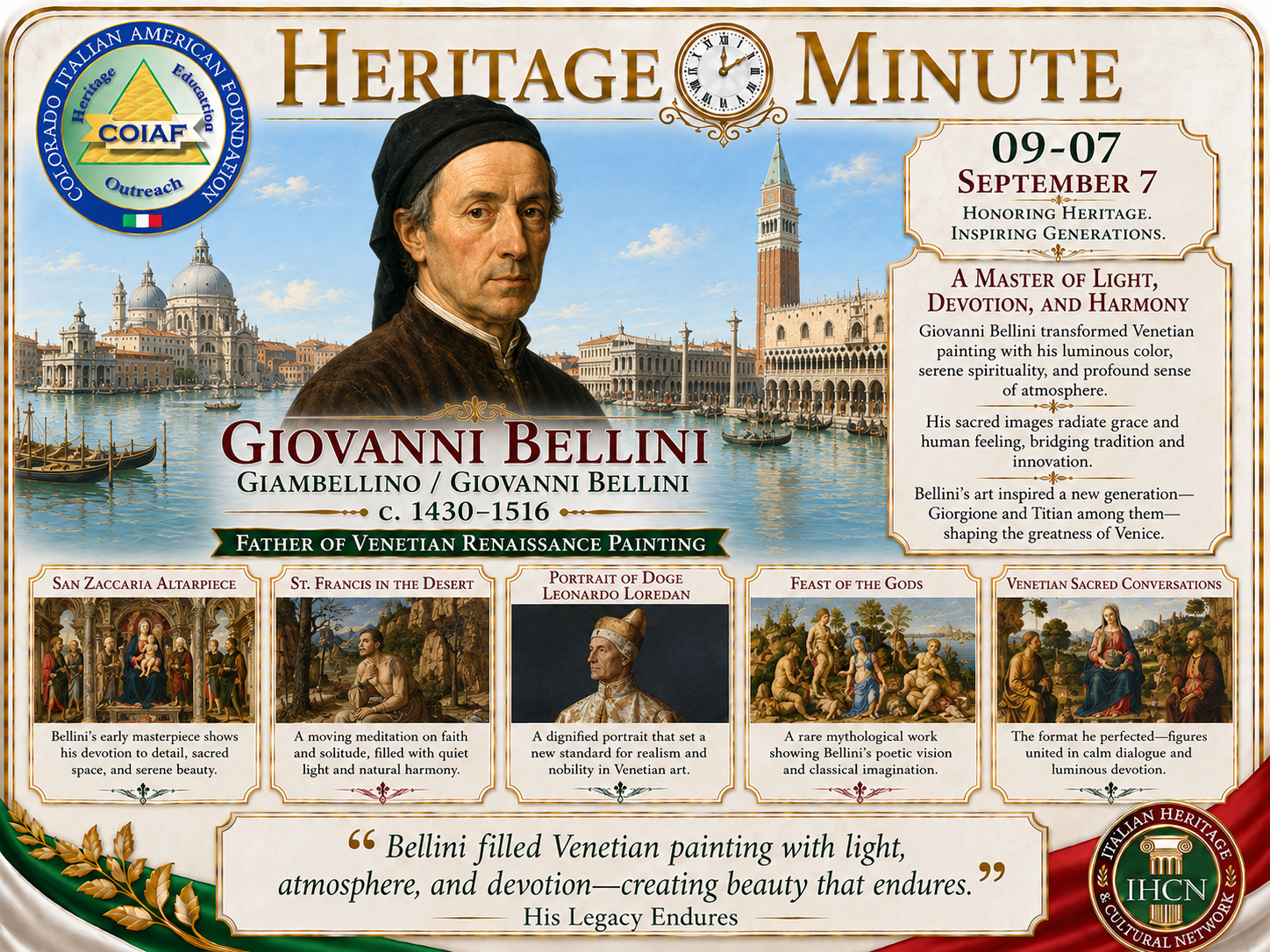 September 7 Heritage Minute honoring Giovanni Bellini, master painter of the Venetian Renaissance