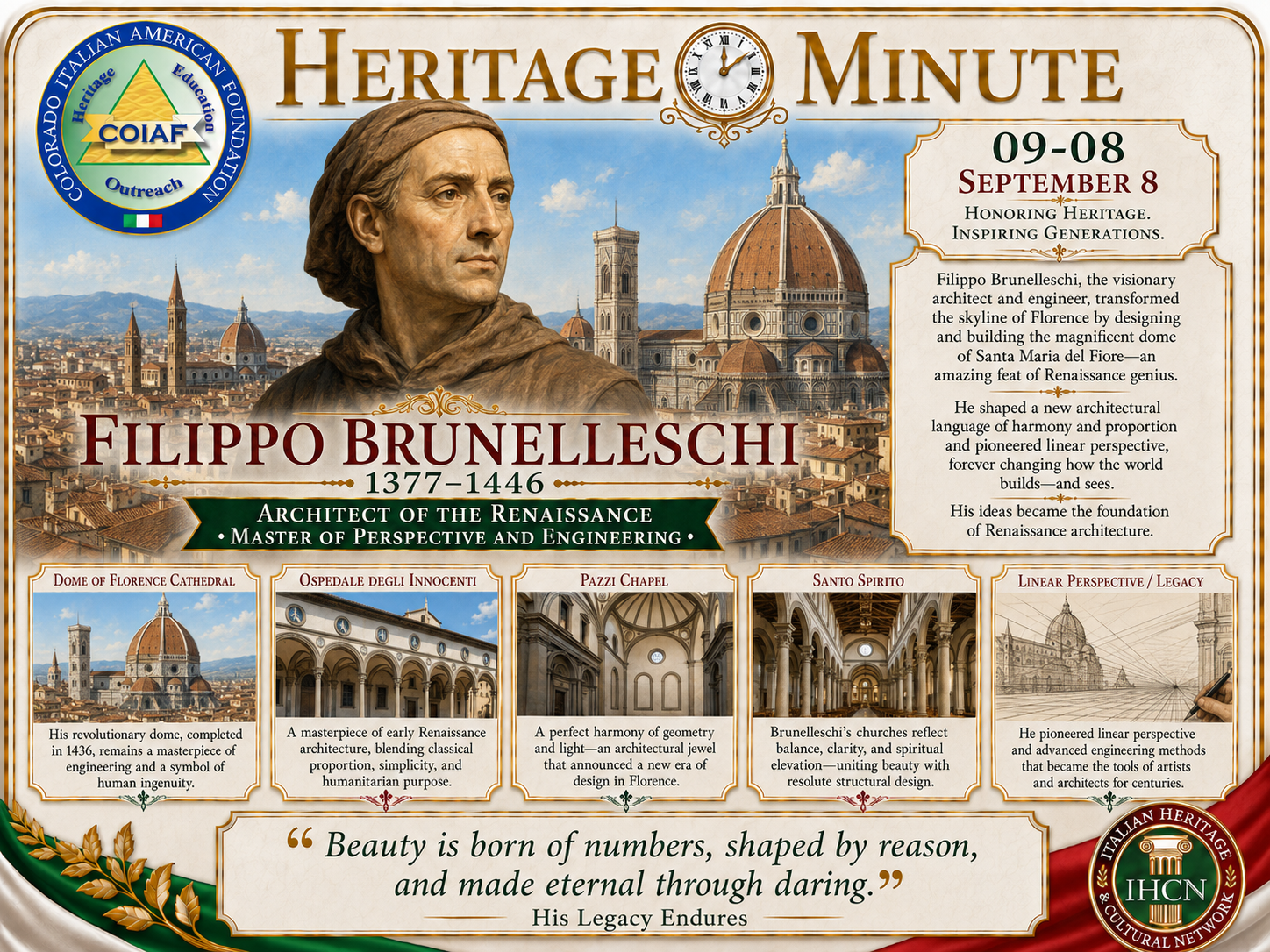 September 8 Heritage Minute honoring Filippo Brunelleschi, architect, engineer, and pioneer of Renaissance perspective