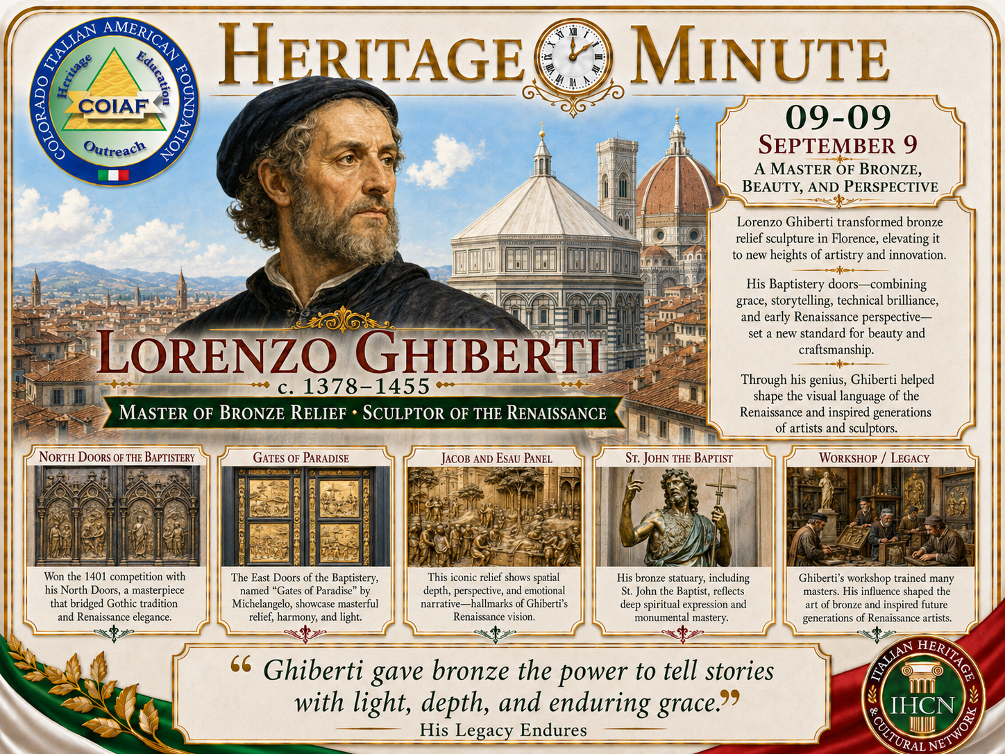 September 9 Heritage Minute honoring Lorenzo Ghiberti, Renaissance sculptor and master of bronze relief