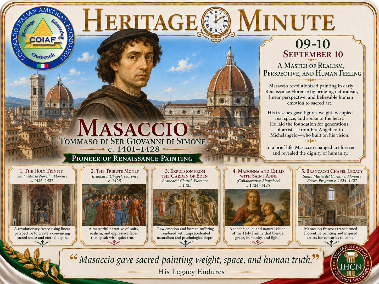 September 10 Heritage Minute honoring Masaccio, pioneer of Renaissance painting and master of realism, perspective, and human feeling