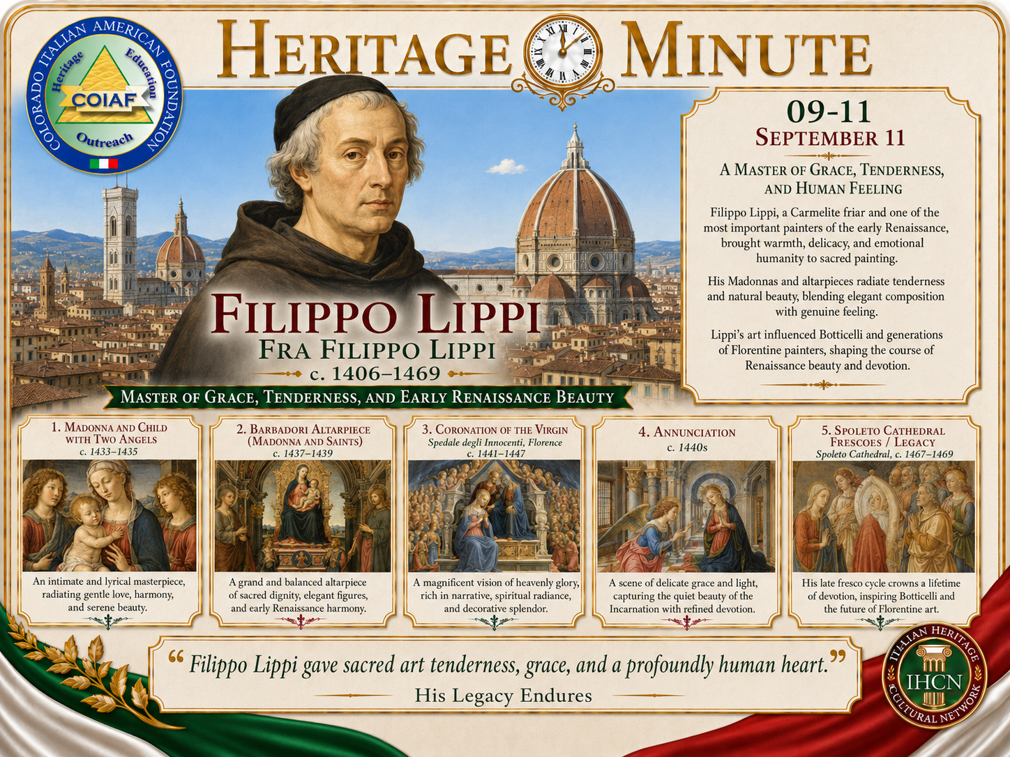 September 11 Heritage Minute honoring Filippo Lippi, master painter of grace, tenderness, and the Early Renaissance