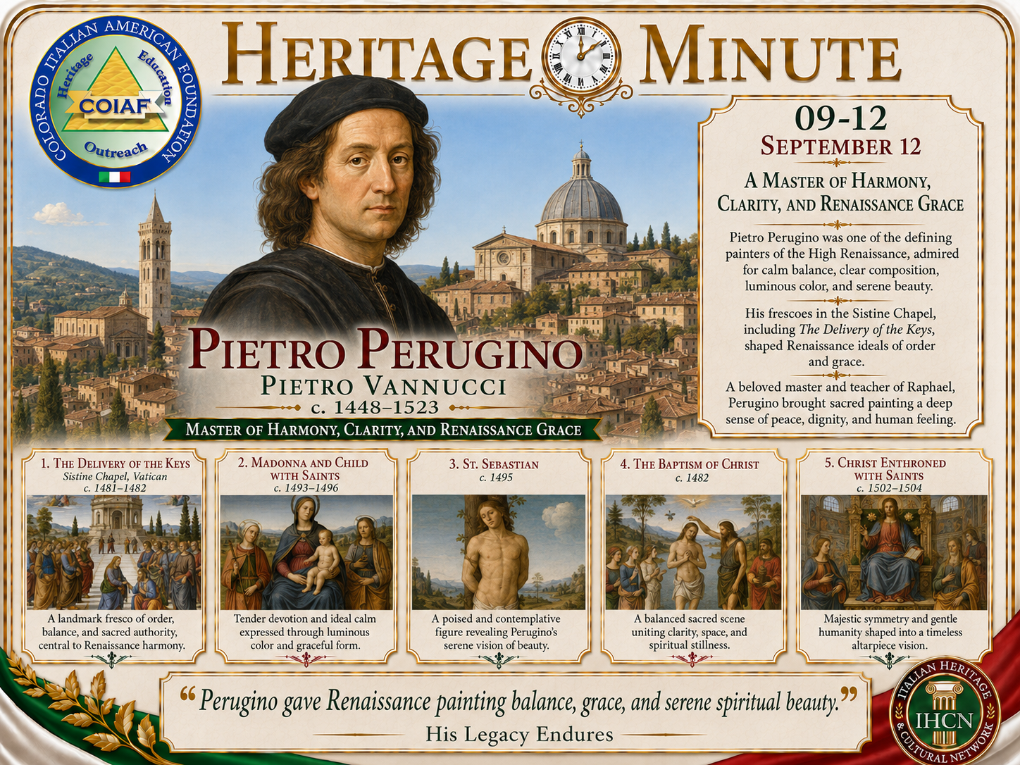 September 12 Heritage Minute honoring Pietro Perugino, Renaissance painter and master of harmony, clarity, and grace