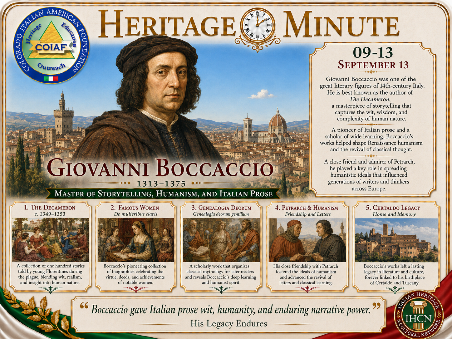 September 13 Heritage Minute honoring Giovanni Boccaccio, master of storytelling, humanism, and Italian prose