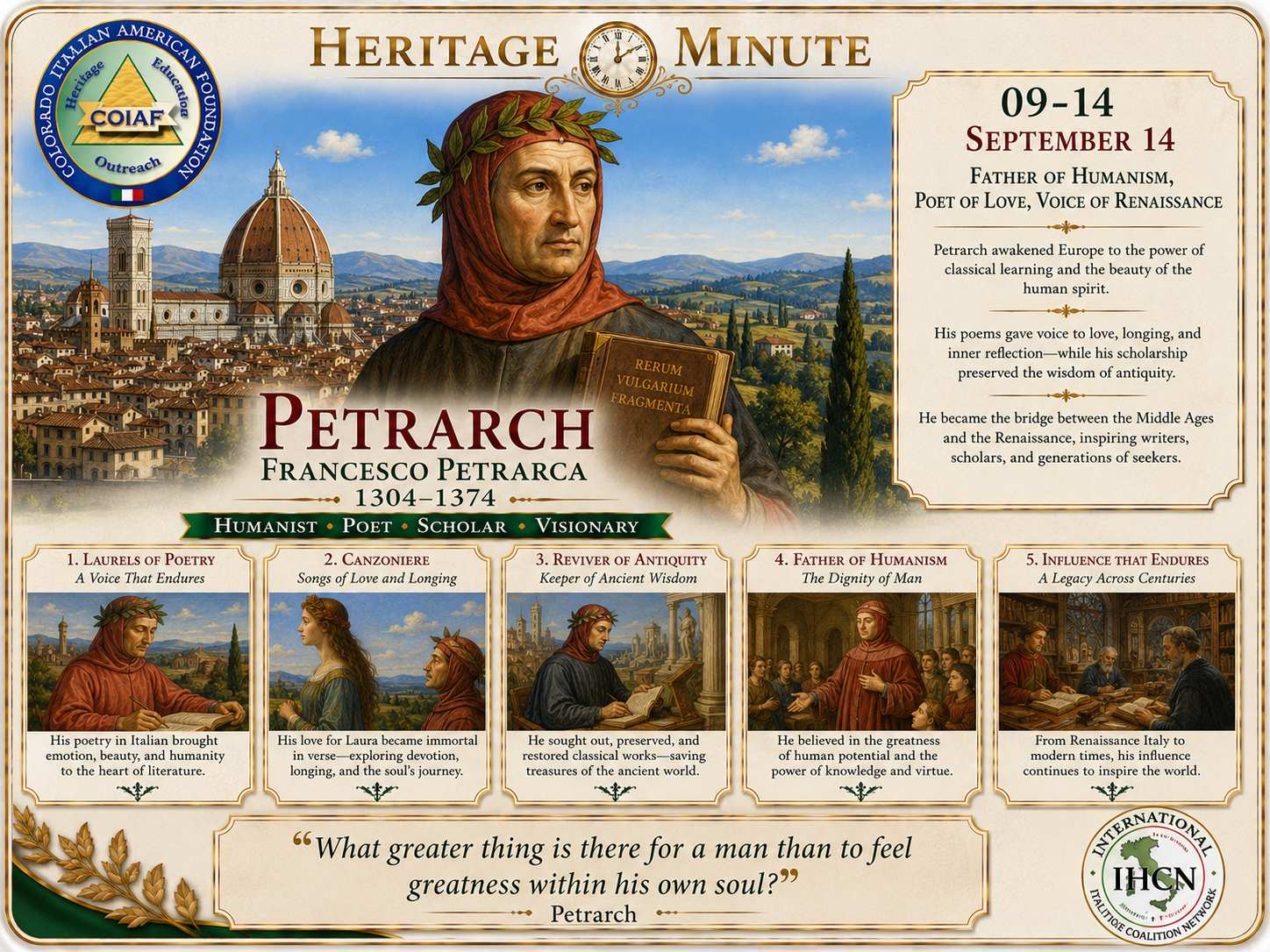 September 14 Heritage Minute honoring Petrarch, Italian poet, scholar, humanist, and voice of the early Renaissance