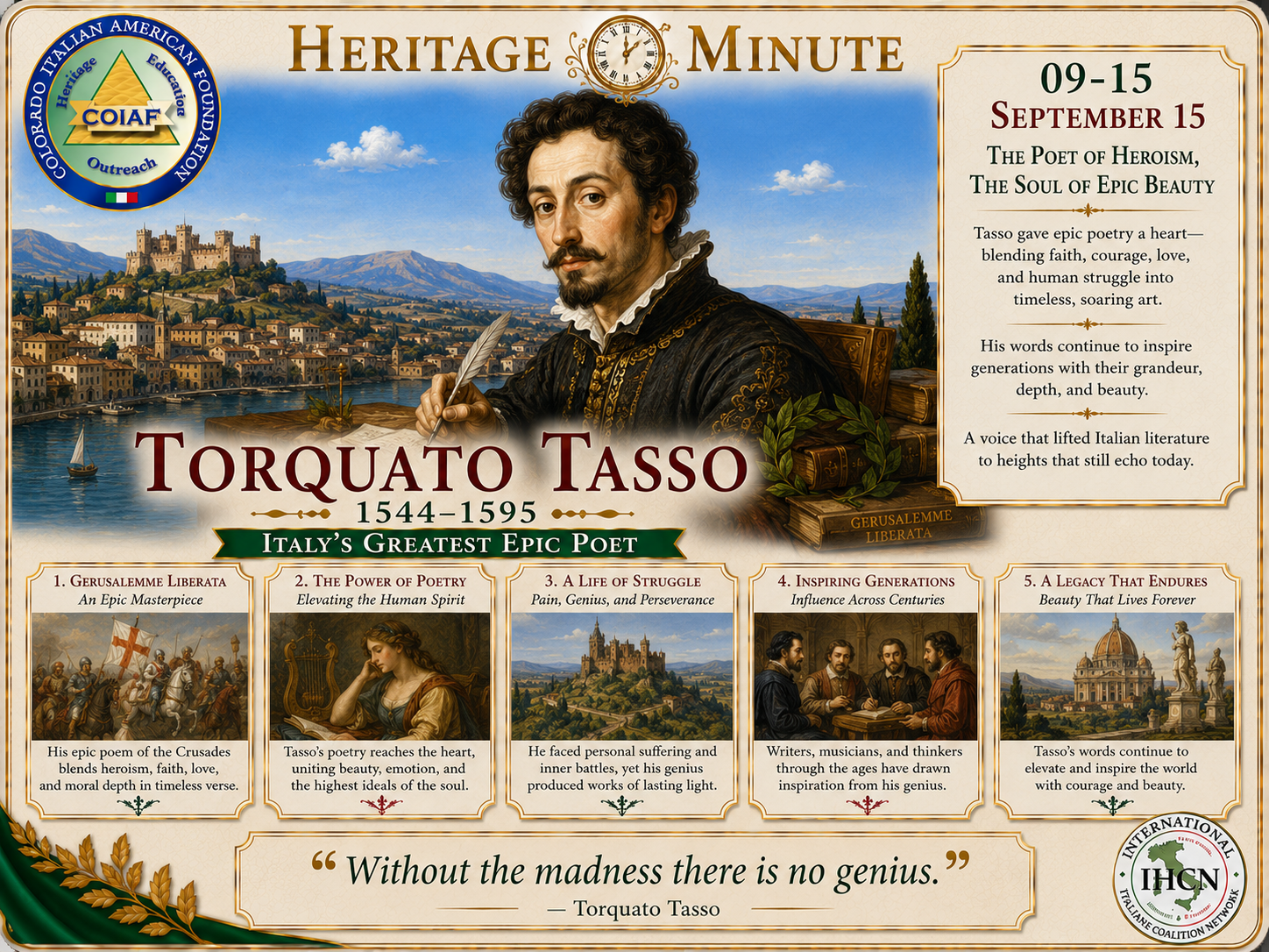 September 15 Heritage Minute honoring Torquato Tasso, Italian Renaissance poet and author of Gerusalemme Liberata