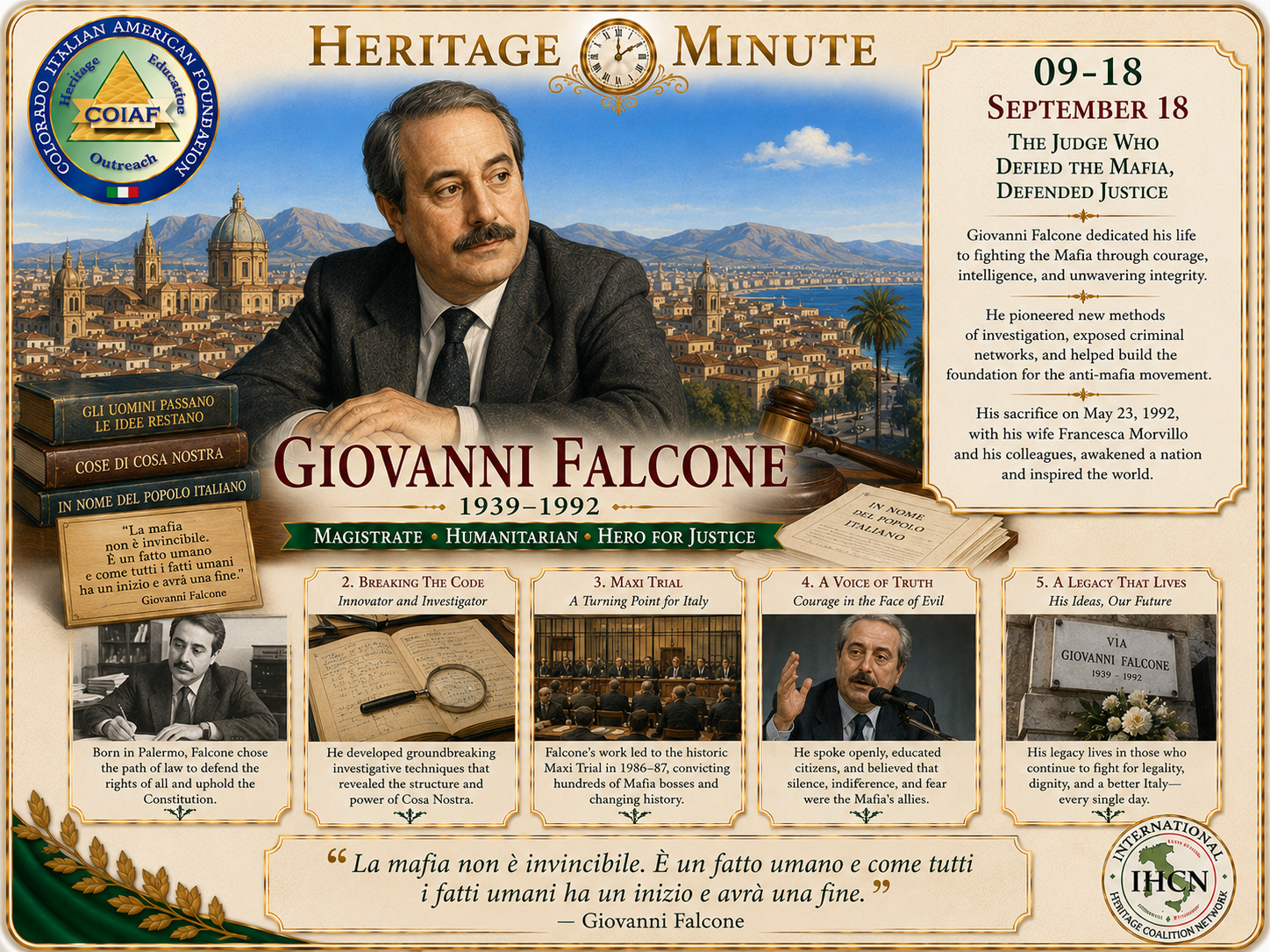 September 18 Heritage Minute honoring Giovanni Falcone, Italian magistrate and champion of justice in the fight against organized crime