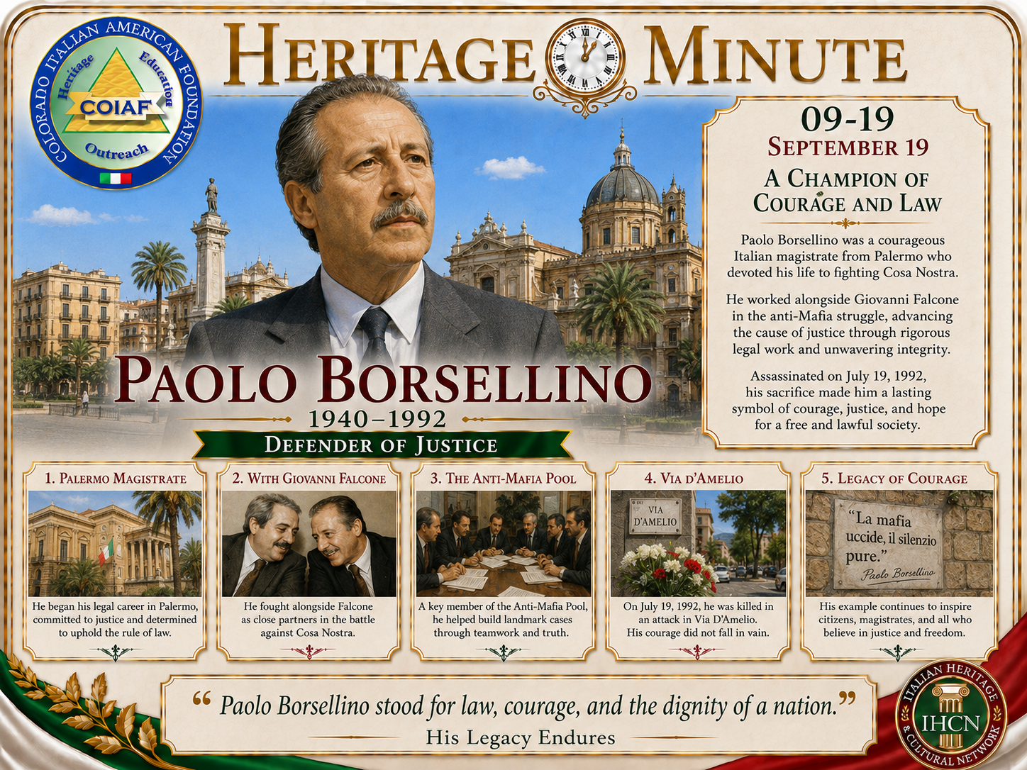 September 19 Heritage Minute honoring Paolo Borsellino, Italian magistrate and defender of justice