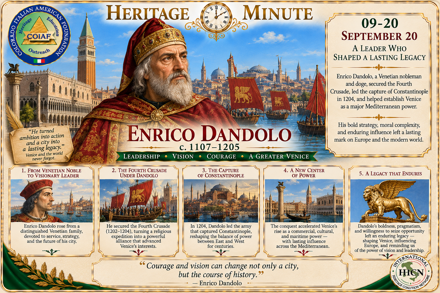 September 20 Heritage Minute honoring Enrico Dandolo, Doge of Venice, statesman, and architect of Venetian power