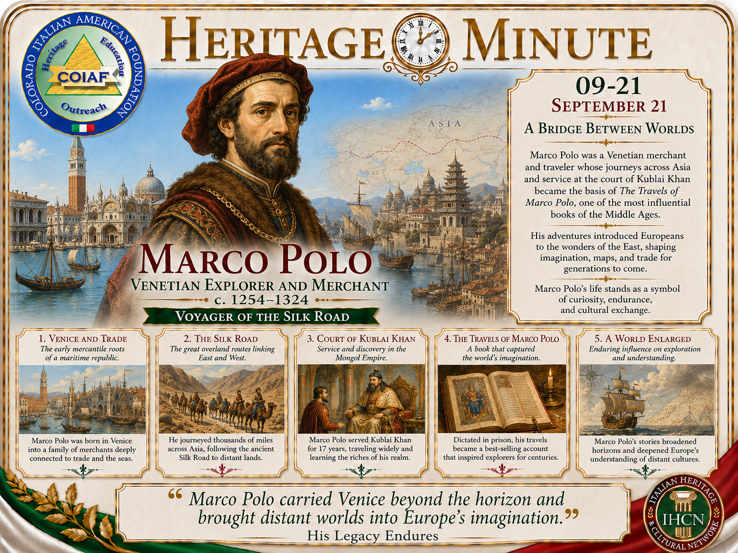 September 21 Heritage Minute honoring Marco Polo, Venetian explorer, merchant, and traveler across Asia