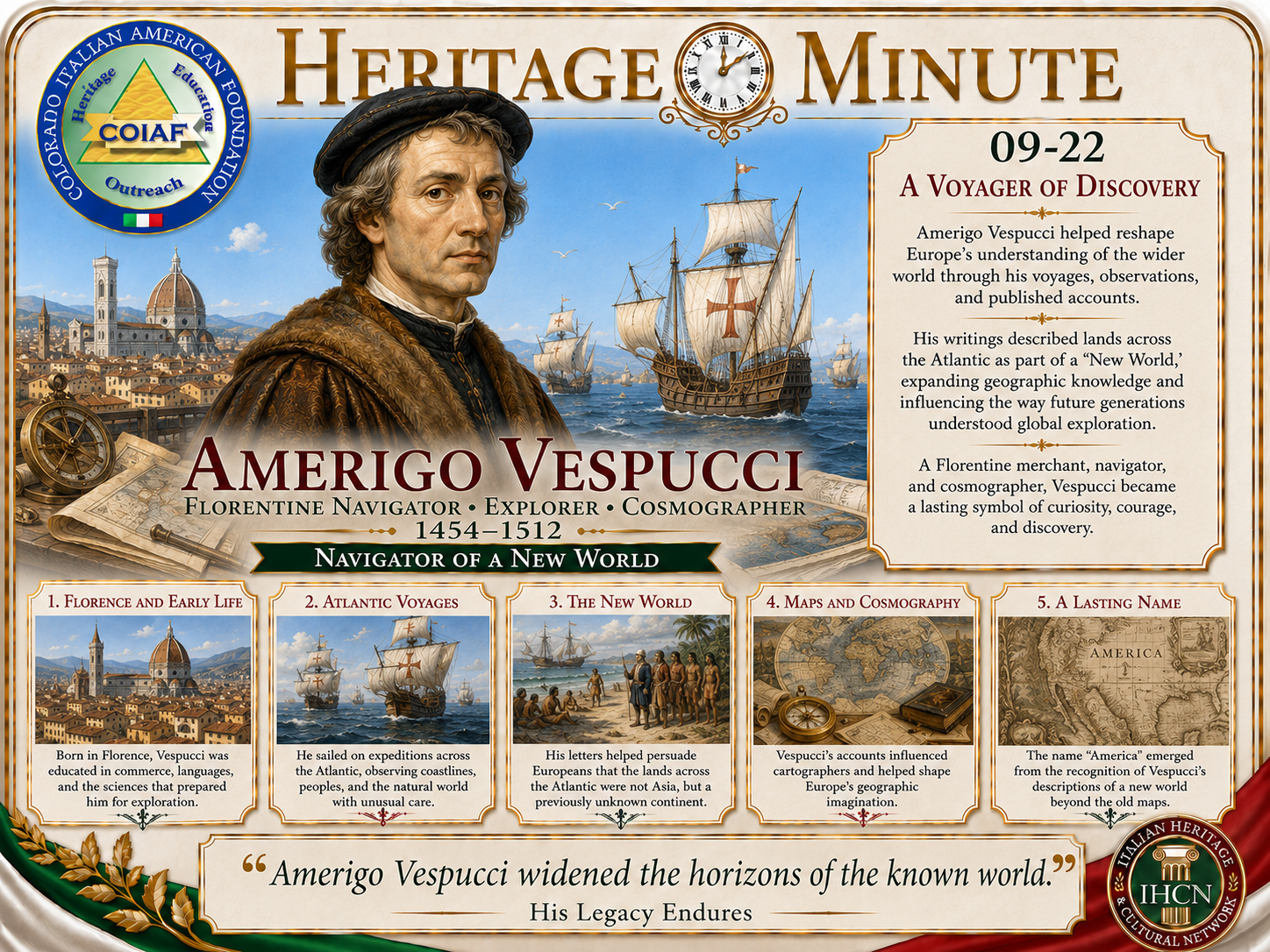 September 22 Heritage Minute honoring Amerigo Vespucci, Florentine navigator, explorer, merchant, and cosmographer