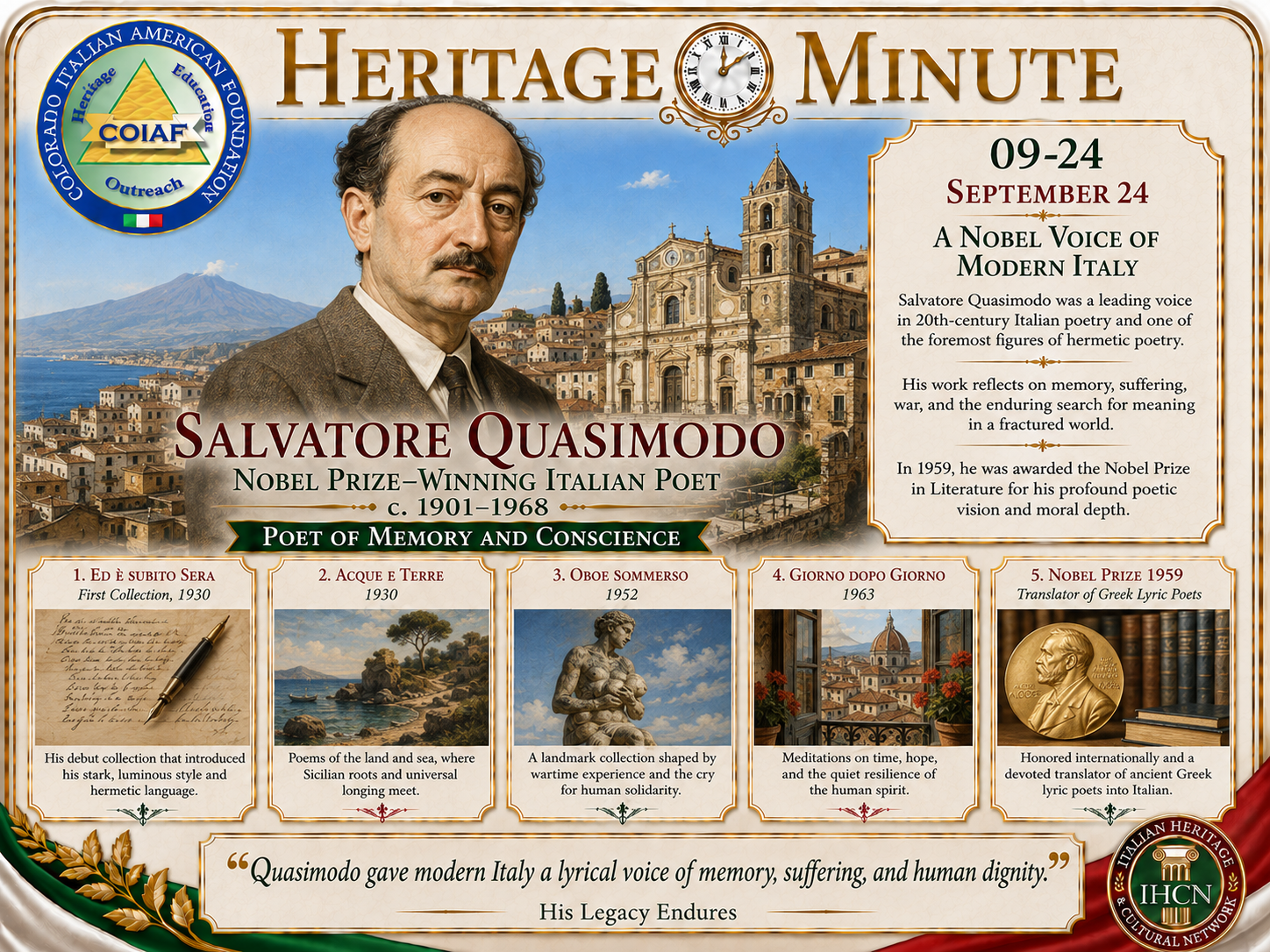 September 24 Heritage Minute honoring Salvatore Quasimodo, Nobel Prize–winning Italian poet and voice of modern Italy