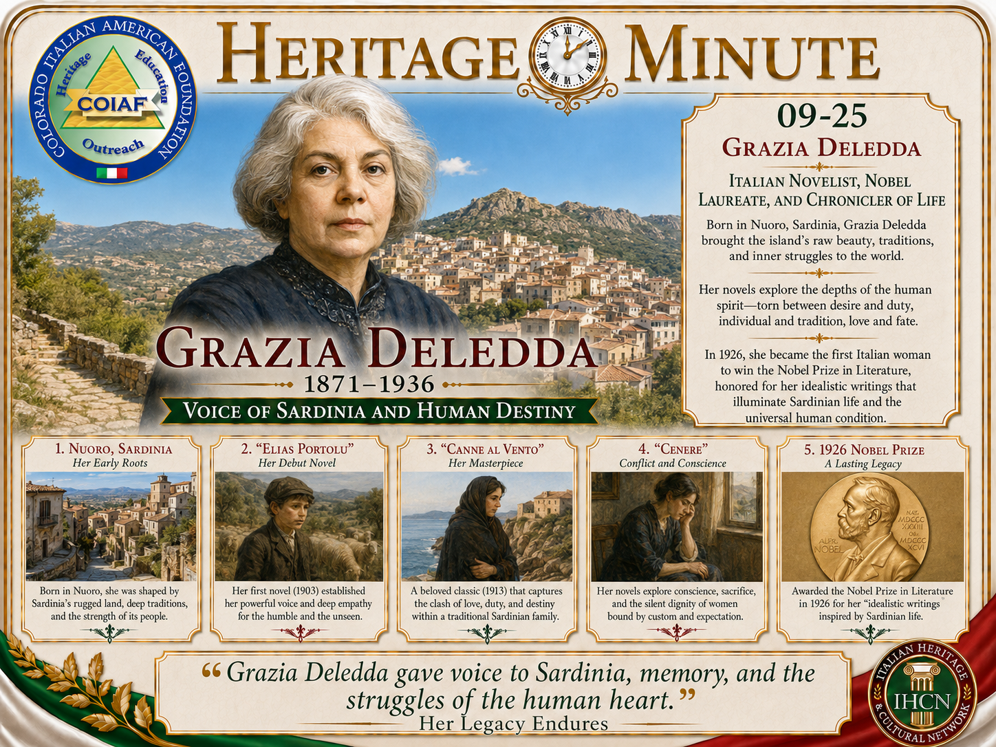 September 25 Heritage Minute honoring Grazia Deledda, Sardinian novelist and Nobel Prize-winning Italian writer