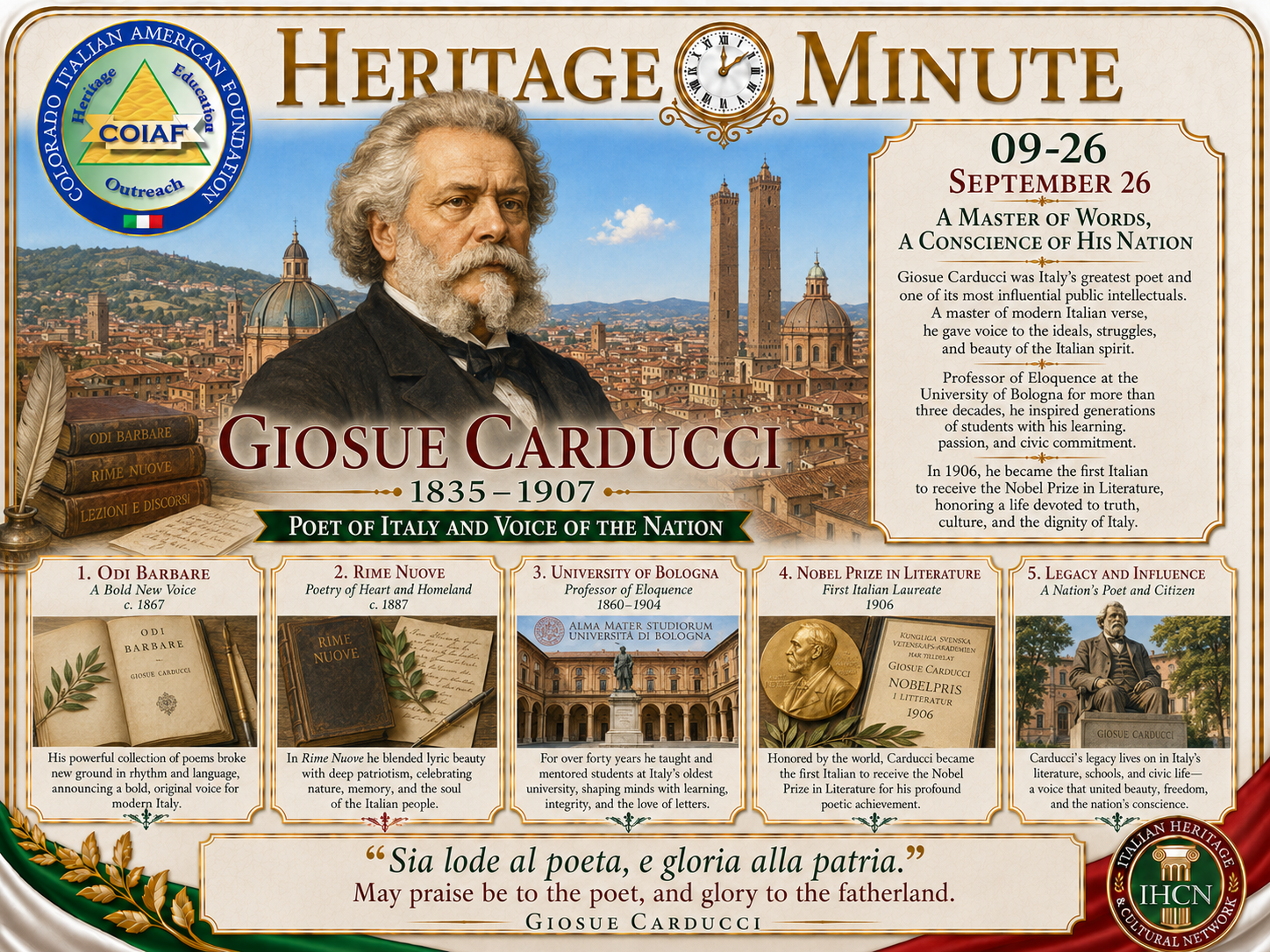 September 26 Heritage Minute honoring Giosuè Carducci, Italian poet, scholar, professor, and Nobel Prize laureate